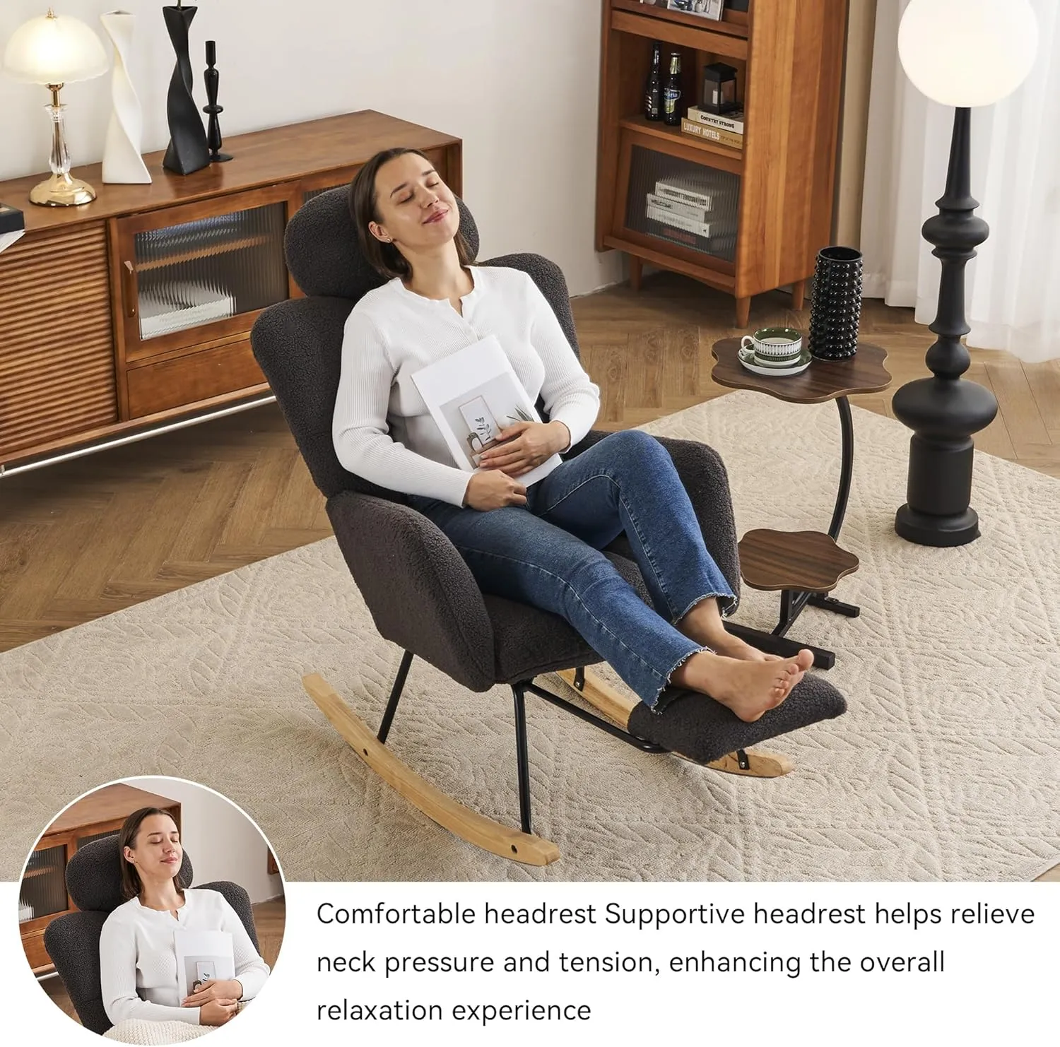FOXHUNTER Rocking Chair Nursery, Teddy Glider Rocker with Adjustable Headrest and Footrest, Upholstered Rocker Recliner Chair for Living Rooms Bedrooms Offices, Teddy Dark Gray
