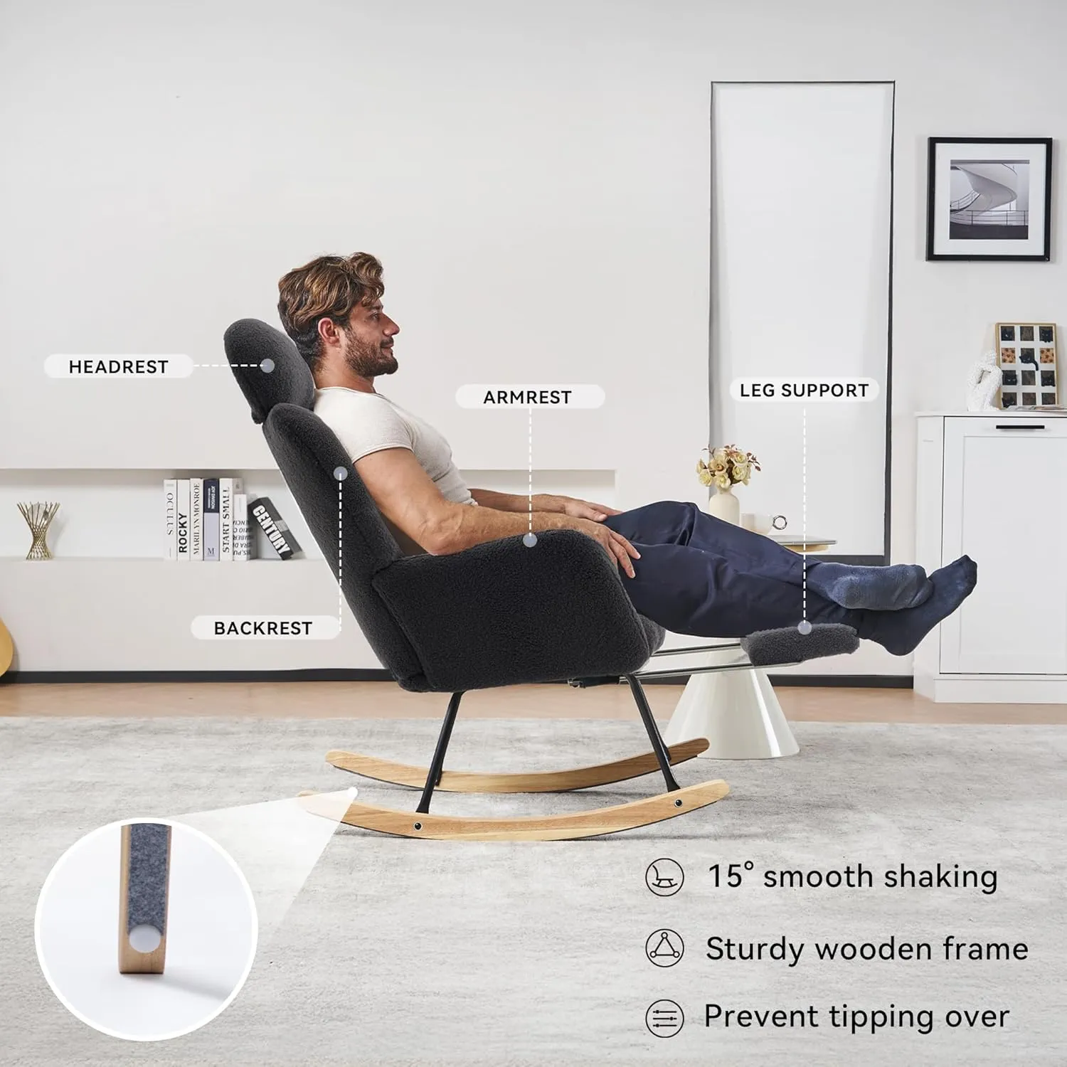 FOXHUNTER Rocking Chair Nursery, Teddy Glider Rocker with Adjustable Headrest and Footrest, Upholstered Rocker Recliner Chair for Living Rooms Bedrooms Offices, Teddy Dark Gray