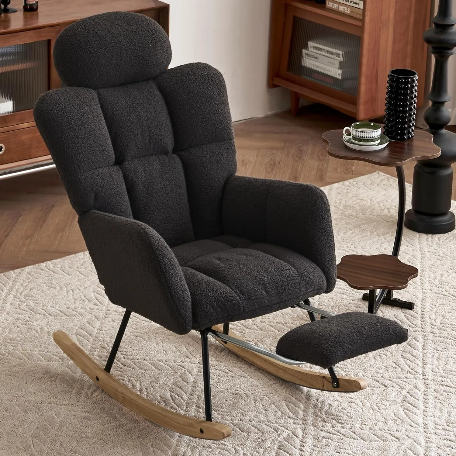 FOXHUNTER Rocking Chair Nursery, Teddy Glider Rocker with Adjustable Headrest and Footrest, Upholstered Rocker Recliner Chair for Living Rooms Bedrooms Offices, Teddy Dark Gray