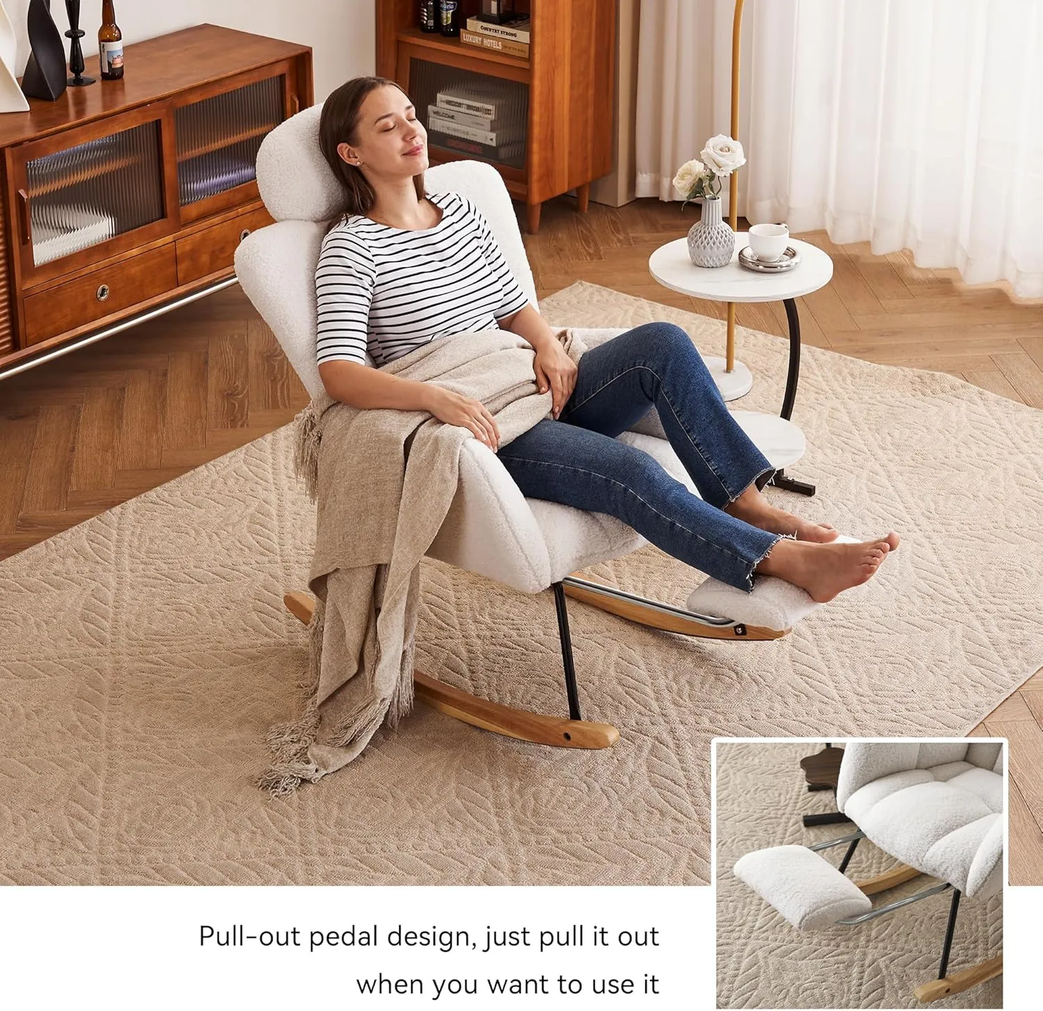 FOXHUNTER Rocking Chair Nursery, Teddy Glider Rocker with Adjustable Headrest and Footrest, Upholstered Rocker Recliner Chair for Living Rooms Bedrooms Offices, Teddy Ivory