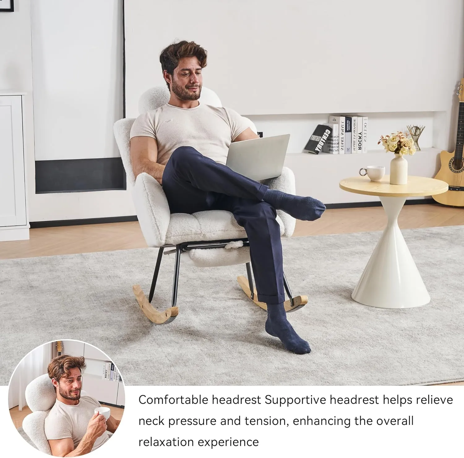 FOXHUNTER Rocking Chair Nursery, Teddy Glider Rocker with Adjustable Headrest and Footrest, Upholstered Rocker Recliner Chair for Living Rooms Bedrooms Offices, Teddy Ivory