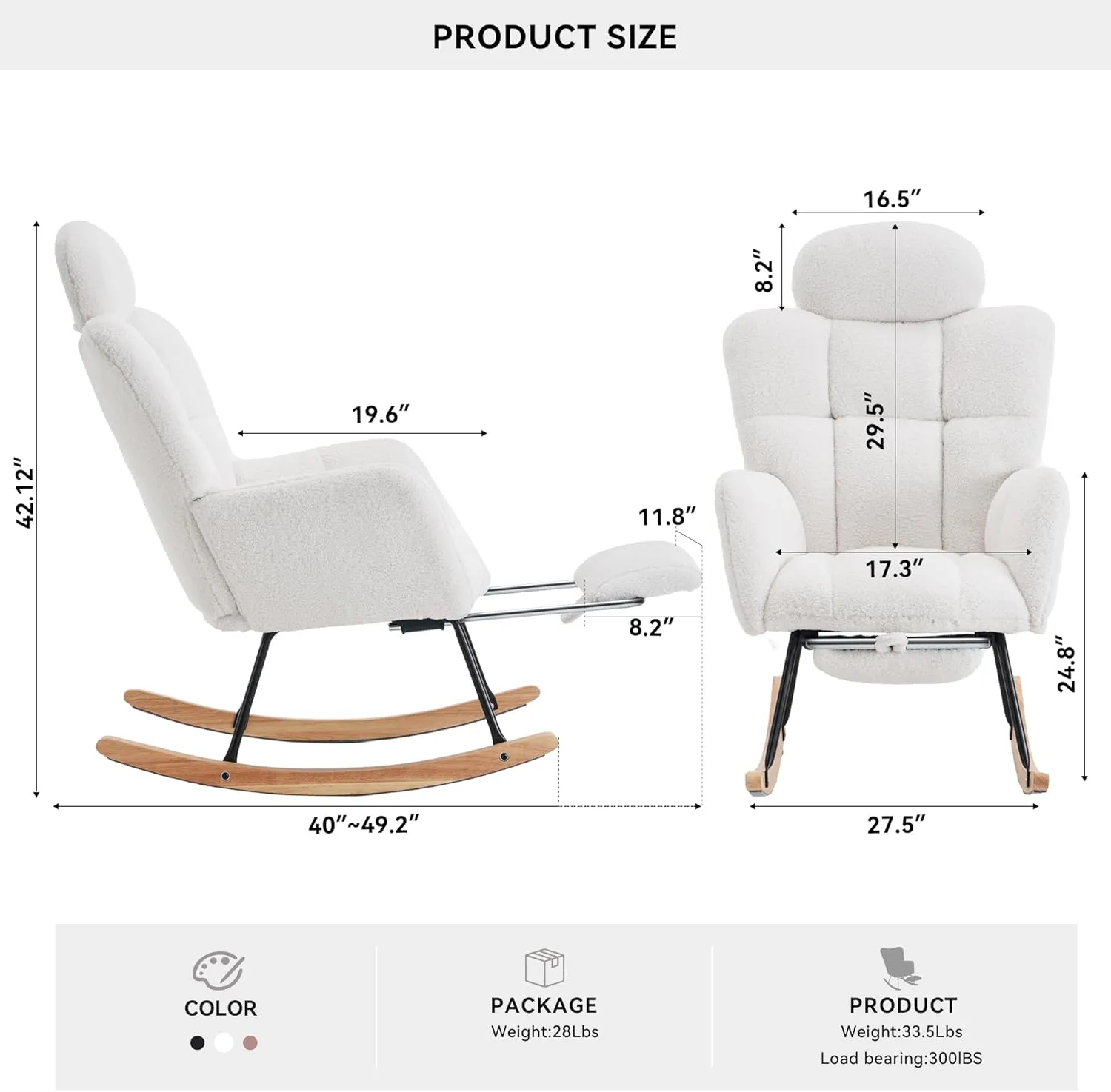 FOXHUNTER Rocking Chair Nursery, Teddy Glider Rocker with Adjustable Headrest and Footrest, Upholstered Rocker Recliner Chair for Living Rooms Bedrooms Offices, Teddy Ivory