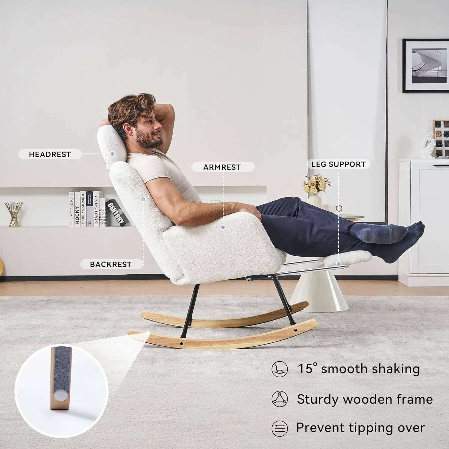 FOXHUNTER Rocking Chair Nursery, Teddy Glider Rocker with Adjustable Headrest and Footrest, Upholstered Rocker Recliner Chair for Living Rooms Bedrooms Offices, Teddy Ivory