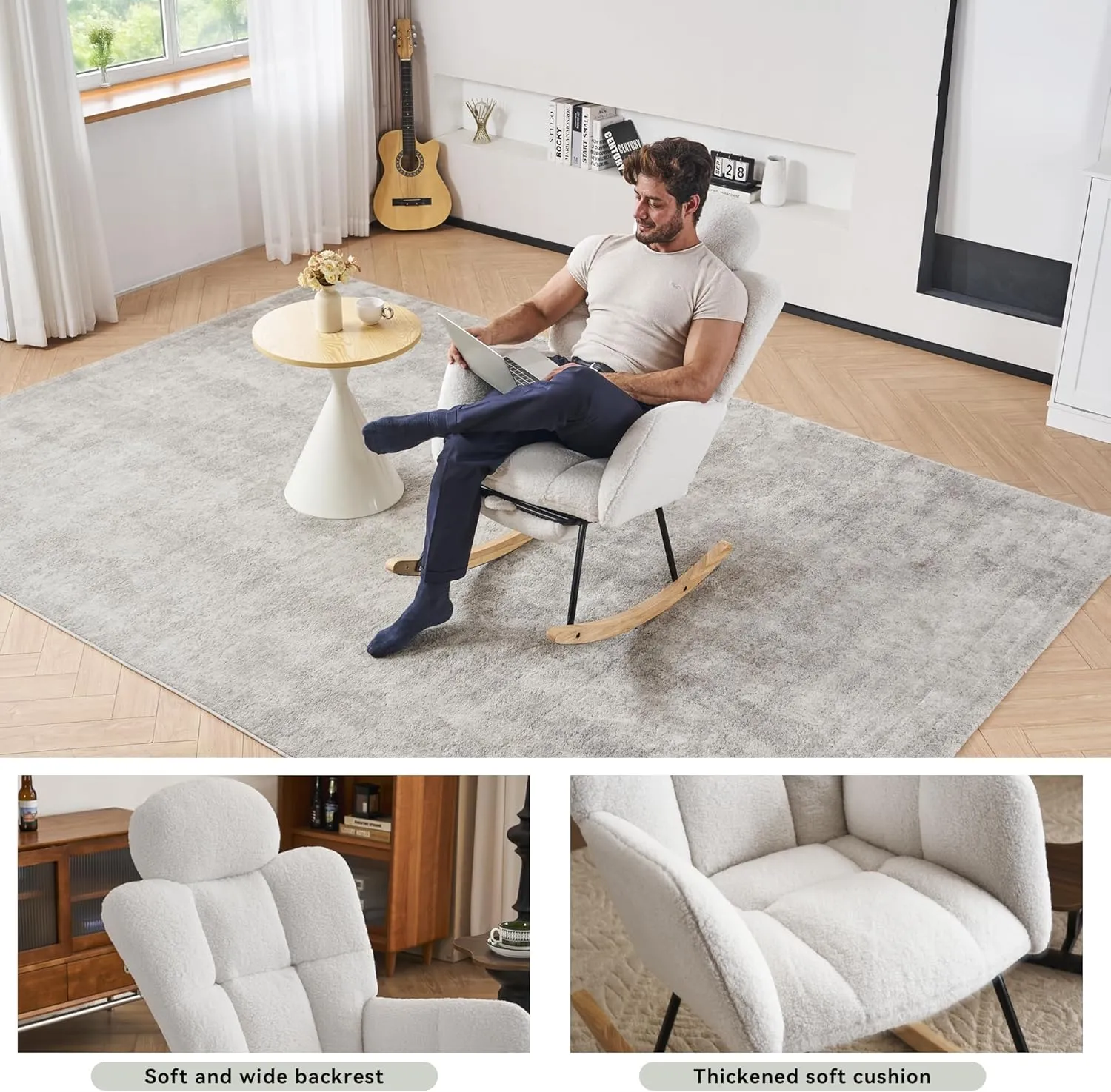 FOXHUNTER Rocking Chair Nursery, Teddy Glider Rocker with Adjustable Headrest and Footrest, Upholstered Rocker Recliner Chair for Living Rooms Bedrooms Offices, Teddy Ivory