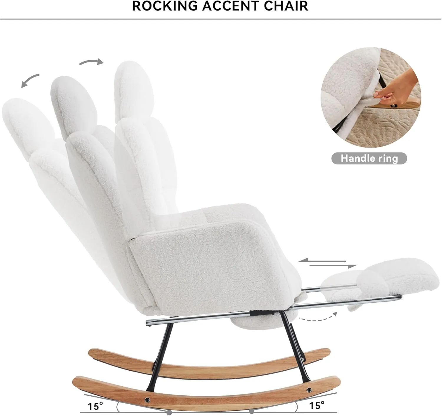 FOXHUNTER Rocking Chair Nursery, Teddy Glider Rocker with Adjustable Headrest and Footrest, Upholstered Rocker Recliner Chair for Living Rooms Bedrooms Offices, Teddy Ivory