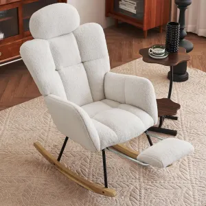 FOXHUNTER Rocking Chair Nursery, Teddy Glider Rocker with Adjustable Headrest and Footrest, Upholstered Rocker Recliner Chair for Living Rooms Bedrooms Offices, Teddy Ivory