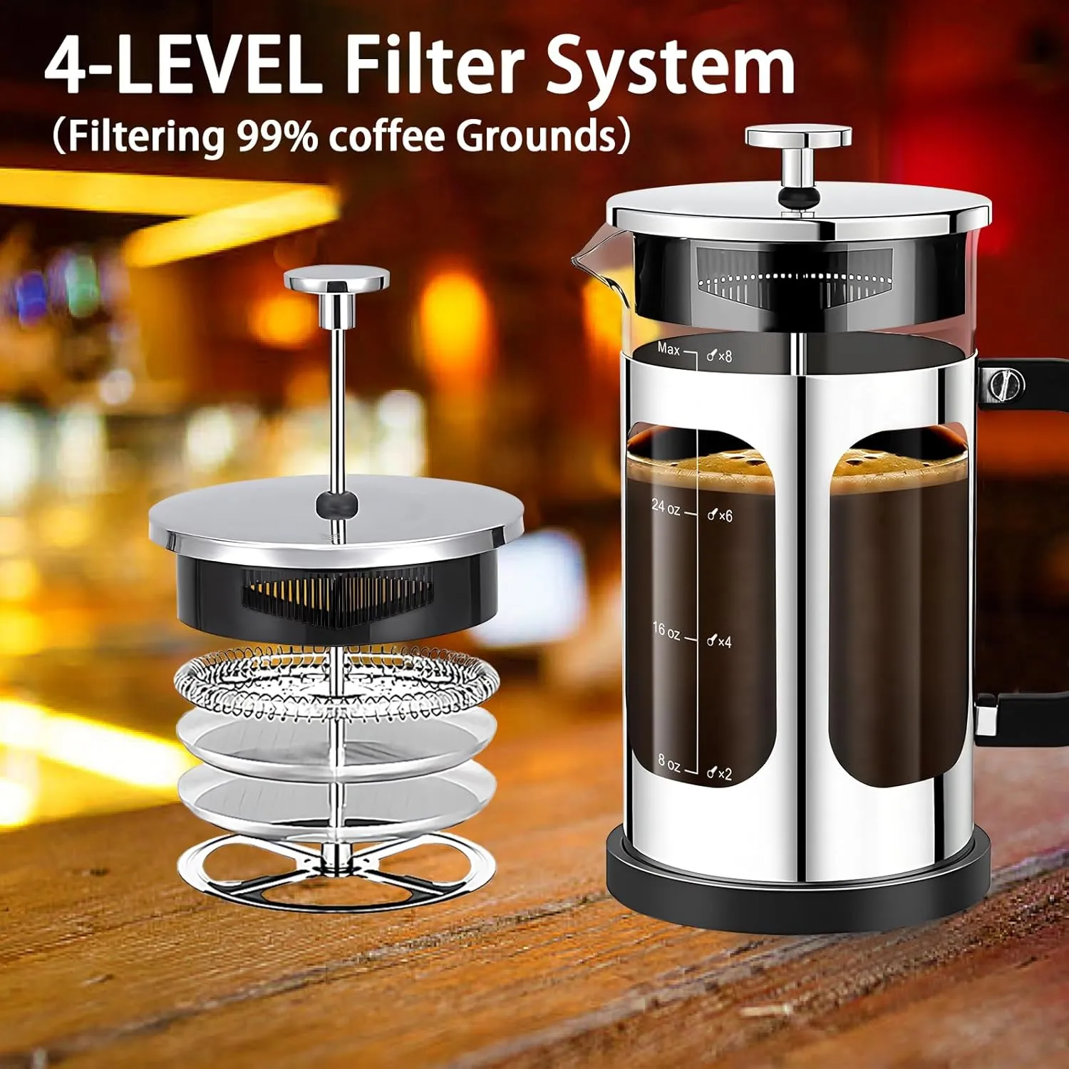 French Press Coffee Maker (34oz 1Quart 5-6Cup) Coffee Press, with 4 Filters System, Heat Resistant Thickness Borosilicate Glass, Cold Brew Coffee Tea Pot Gifts (Silvery)