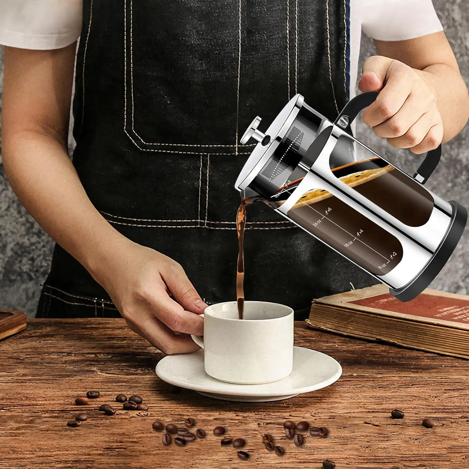 French Press Coffee Maker (34oz 1Quart 5-6Cup) Coffee Press, with 4 Filters System, Heat Resistant Thickness Borosilicate Glass, Cold Brew Coffee Tea Pot Gifts (Silvery)