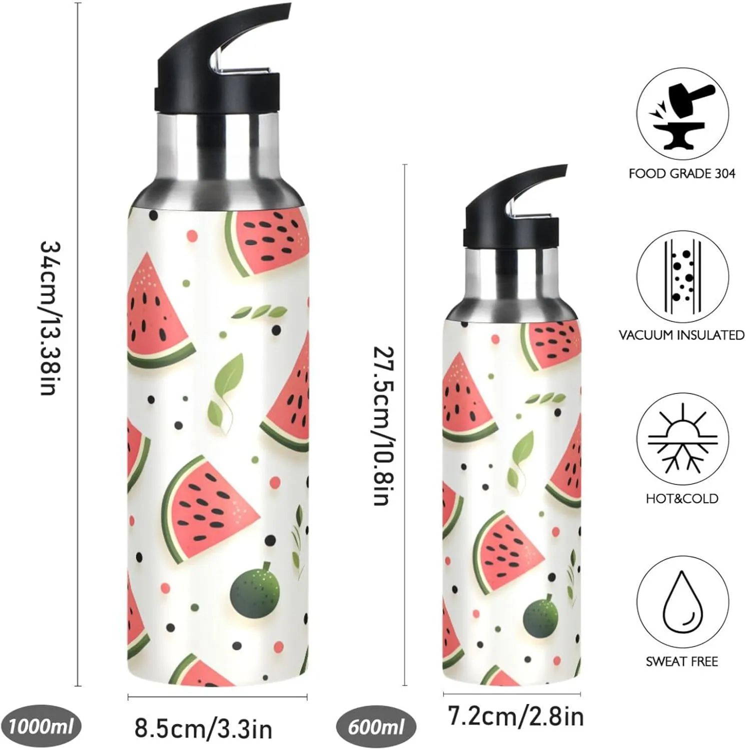 Fruit Pattern Watermelon Sport Water Bottle Insulated Stainless Steel Large Vacuum Flask Leak Proof Thermos with Straw for Travel(600ml/1000ml)
