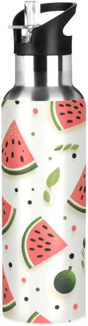 Fruit Pattern Watermelon Sport Water Bottle Insulated Stainless Steel Large Vacuum Flask Leak Proof Thermos with Straw for Travel(600ml/1000ml)