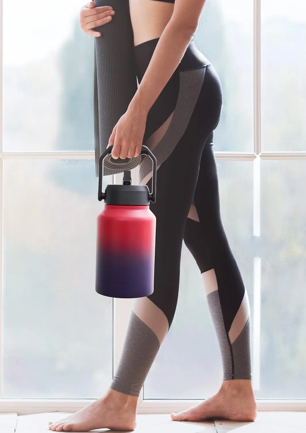 Gallon Insulated Water Bottle Jug with Straw, 128 oz Large Stainless Steel Sports Metal Water Canteen With Handle, Thermal Water Cup Mug with 2 Lids, Indigo Black