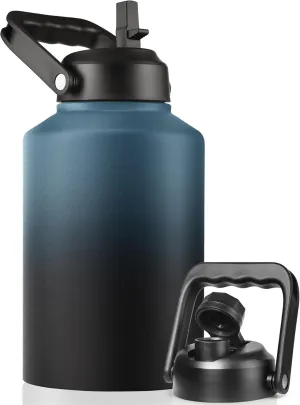 Gallon Insulated Water Bottle Jug with Straw, 128 oz Large Stainless Steel Sports Metal Water Canteen With Handle, Thermal Water Cup Mug with 2 Lids, Indigo Black