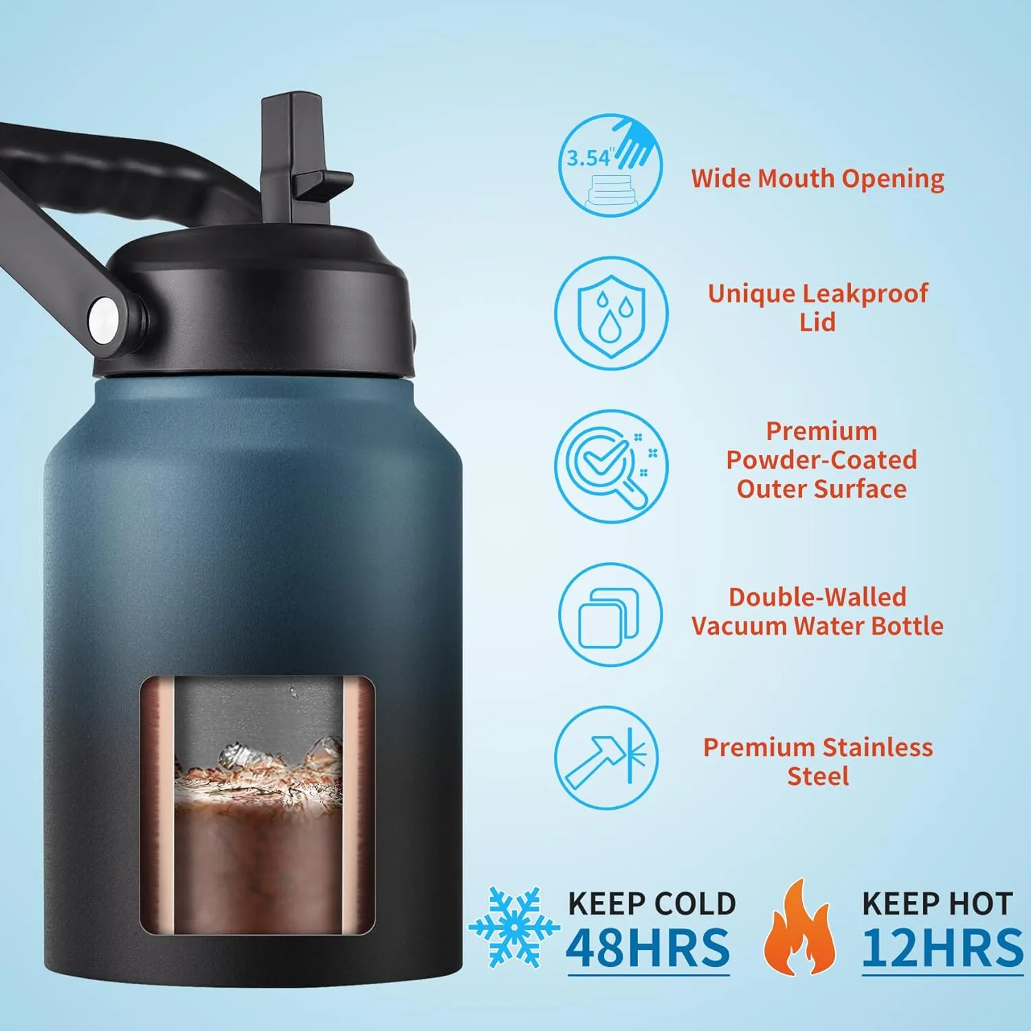 Gallon Insulated Water Bottle Jug with Straw, 128 oz Large Stainless Steel Sports Metal Water Canteen With Handle, Thermal Water Cup Mug with 2 Lids, Indigo Black
