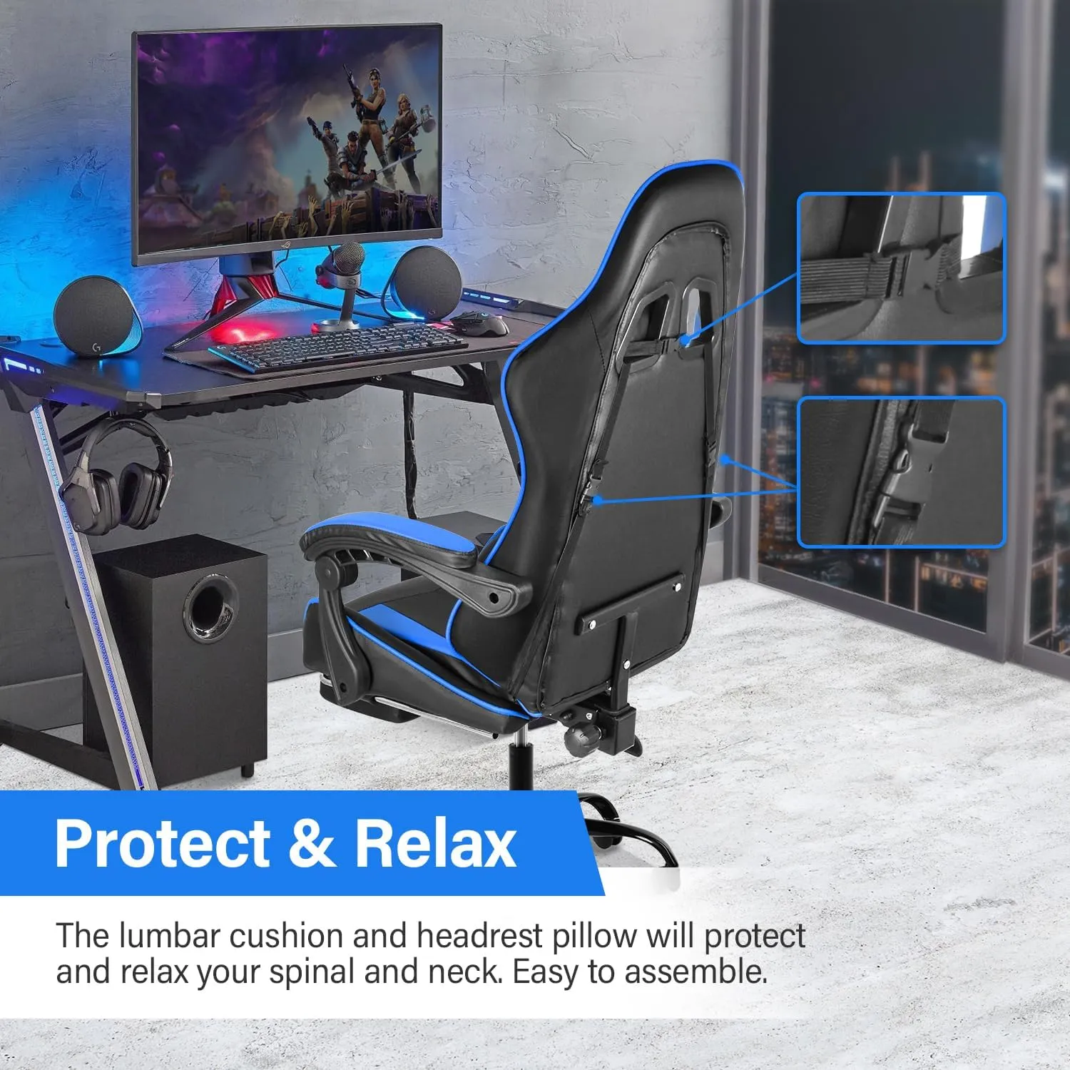 Gaming Chair, Backrest and Seat Height Adjustable Swivel Recliner Racing Office Computer Ergonomic Video Game Chair with Footrest and Lumbar Support, Black/Blue