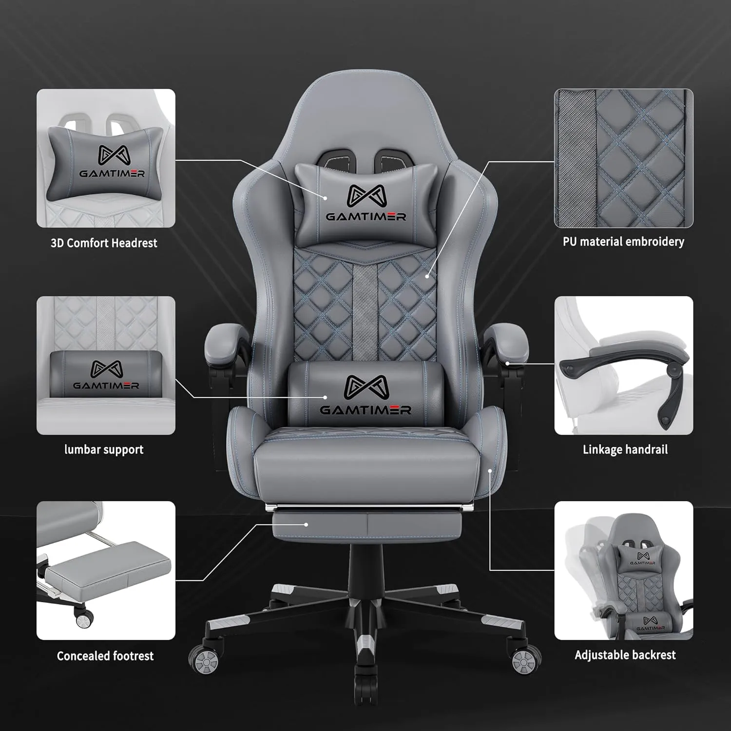 Gaming Chair,Computer Chair with Footrest and Lumbar Support,Breathable PU Leather,4D Lumbar Support and Headrest,360 Degree Swivel Chair with Adjustable Ergonomic Backrest for Adults(Grey)