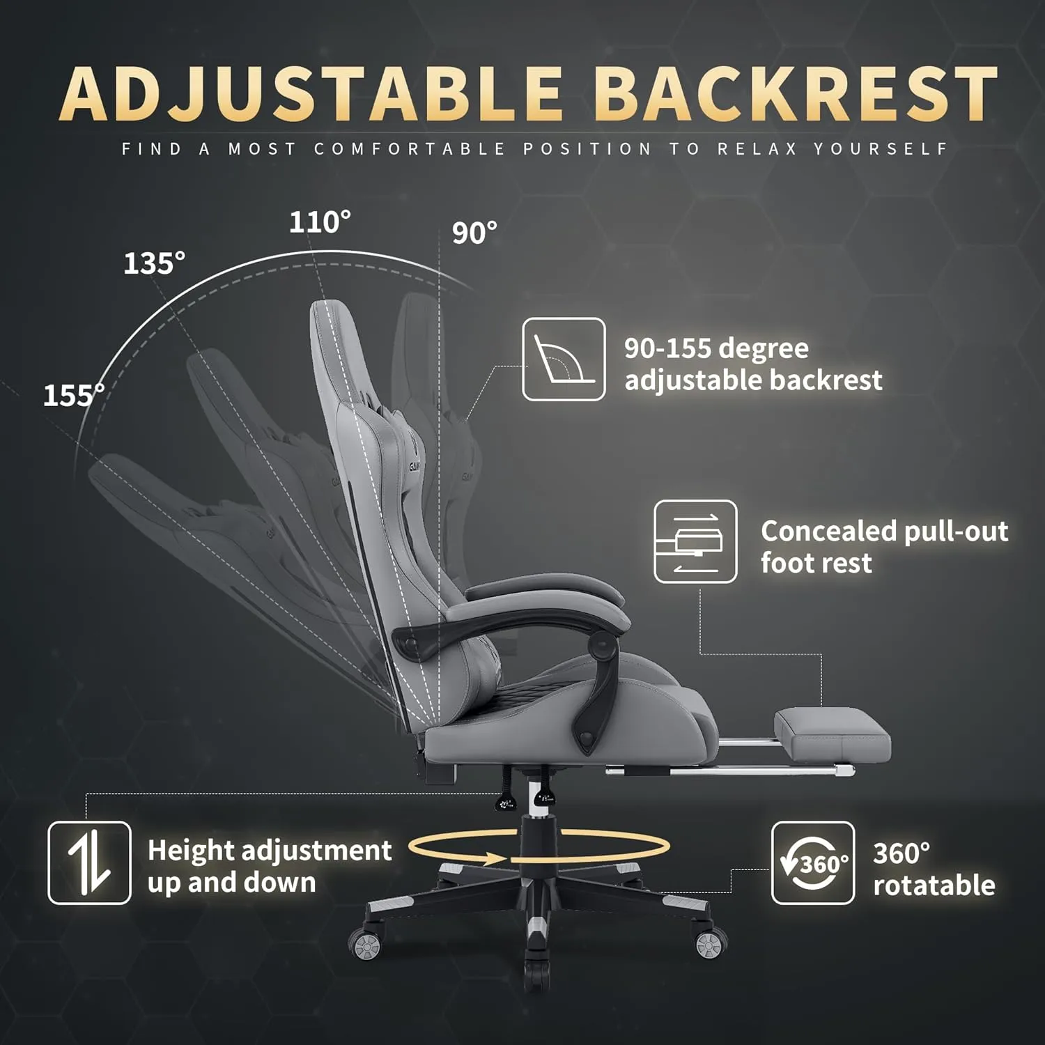 Gaming Chair,Computer Chair with Footrest and Lumbar Support,Breathable PU Leather,4D Lumbar Support and Headrest,360 Degree Swivel Chair with Adjustable Ergonomic Backrest for Adults(Grey)