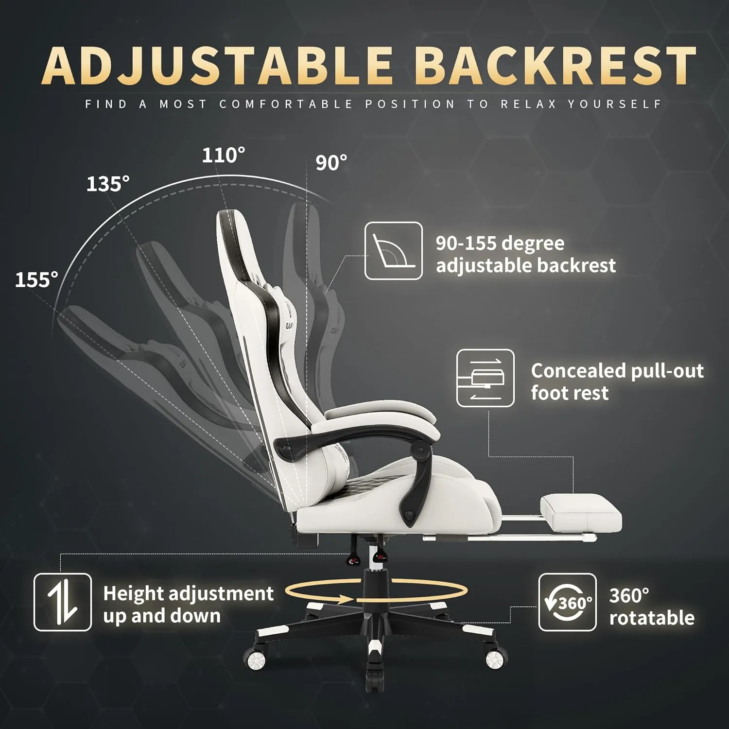 Gaming Chair,Computer Chair with Footrest and Lumbar Support,Breathable PU Leather,4D Lumbar Support and Headrest,360 Degree Swivel Chair with Adjustable Ergonomic Backrest for Adults(White)