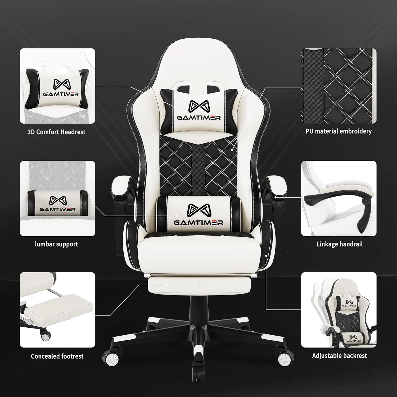 Gaming Chair,Computer Chair with Footrest and Lumbar Support,Breathable PU Leather,4D Lumbar Support and Headrest,360 Degree Swivel Chair with Adjustable Ergonomic Backrest for Adults(White)
