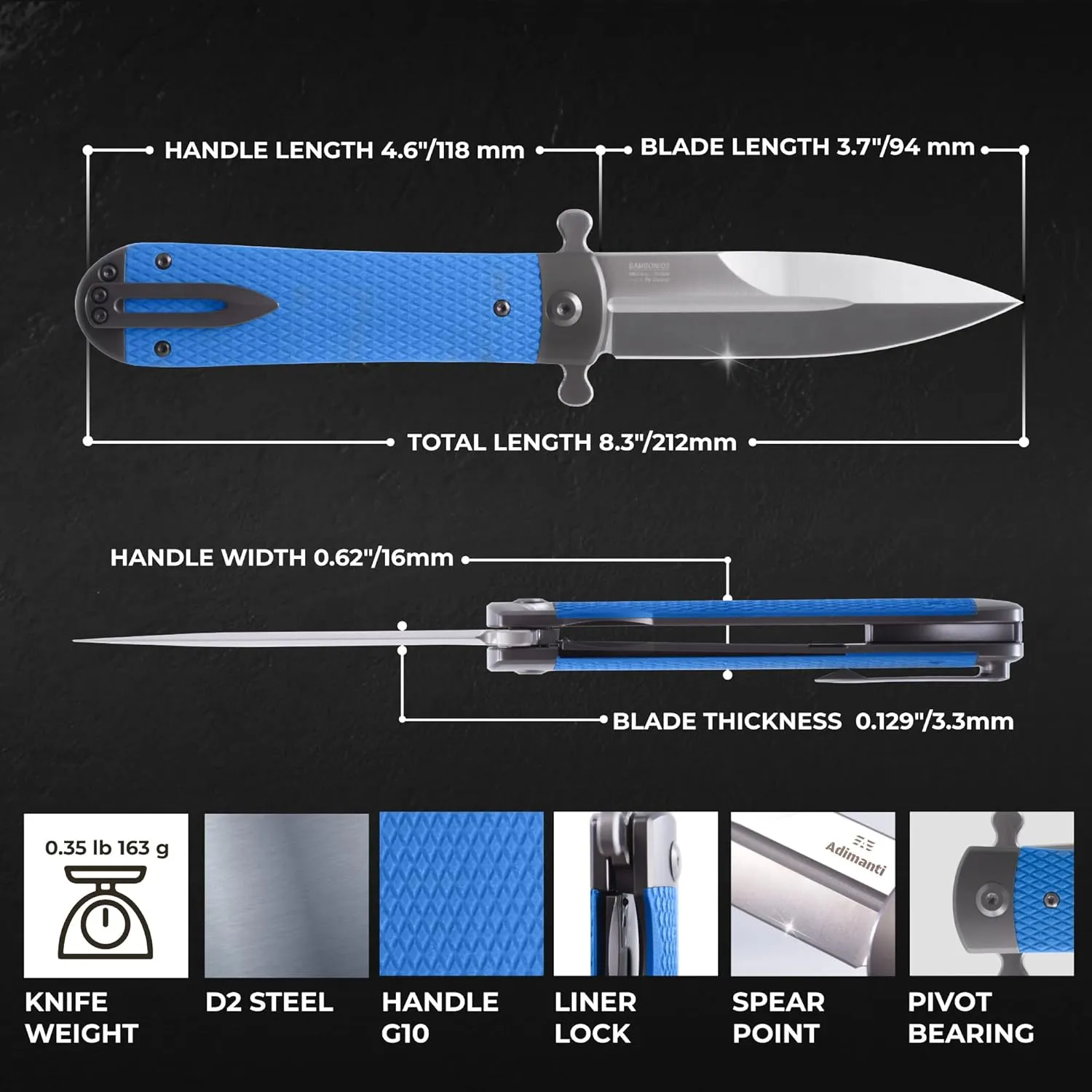 GANZO Firebird Adimanti Samson-BL Folding Pocket Knife Razor Sharp D2 Steel Blade Ergonomic G10 Anti-Slip Handle with Clip Hunting Fishing Camping Gear Outdoor Flipper EDC Pocket Knife (Blue)