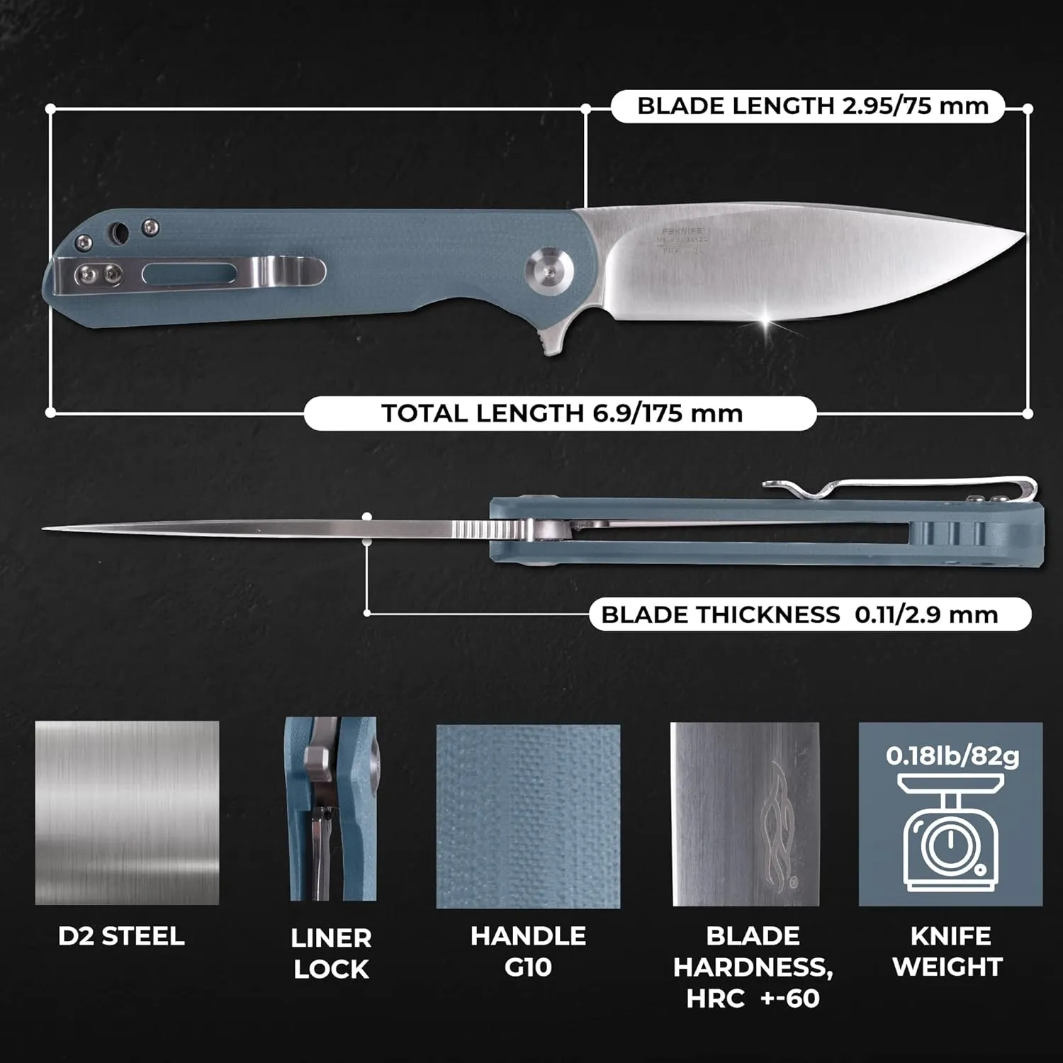GANZO Firebird FH41 Pocket Folding Knife D2 Steel Blade G10 Handle Hunting Outdoor EDC Tool (Grey)