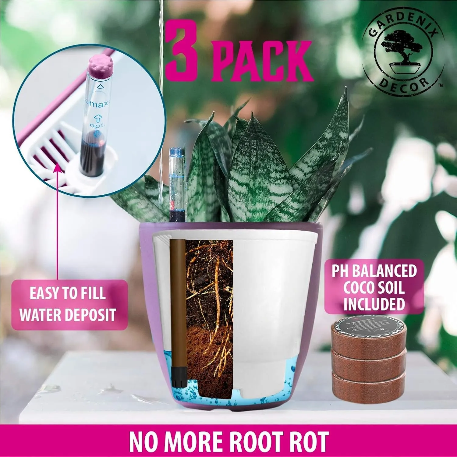 GARDENIX DECOR Self Watering Pots for Indoor Plants 3 Pack - Flower Pot with Water Level Indicator for Plants, Grow Tracking Tool - Self Watering Planter Plant Pot - Coco Coir - Purple