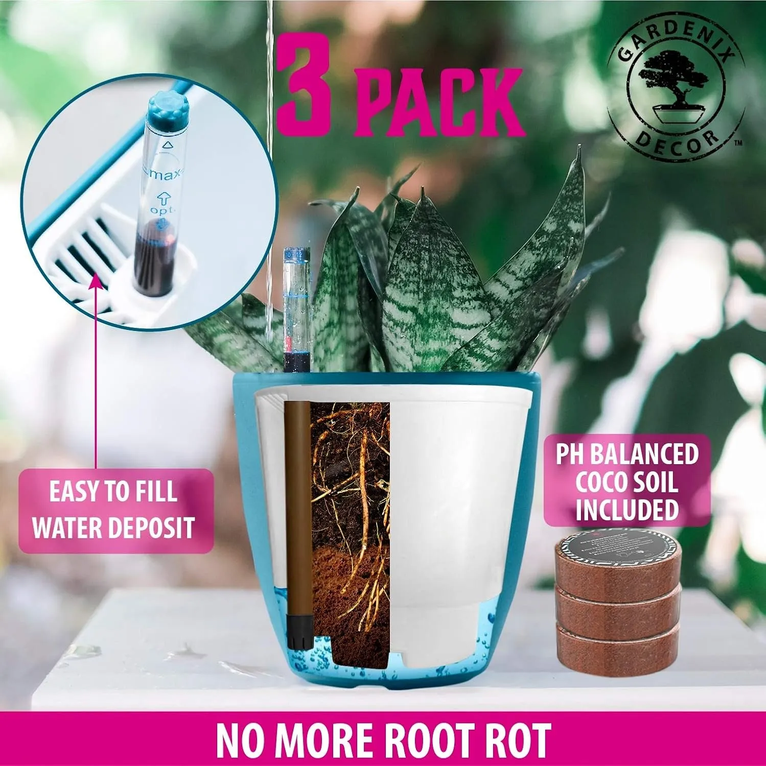 GARDENIX DECOR Self Watering Pots for Indoor Plants 3 Pack - Flower Pot with Water Level Indicator for Plants, Grow Tracking Tool - Self Watering Planter Plant Pot - Coco Coir - Teal