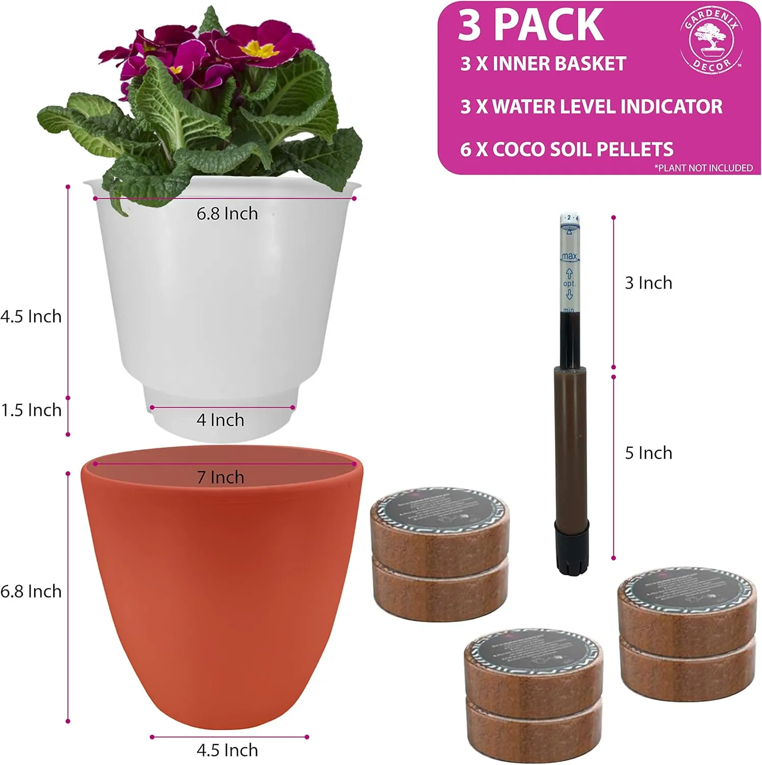GARDENIX DECOR Self Watering Pots for Indoor Plants 3 Pack - Flower Pot with Water Level Indicator for Plants, Grow Tracking Tool - Self Watering Planter Plant Pot - Coco Coir - Terracota
