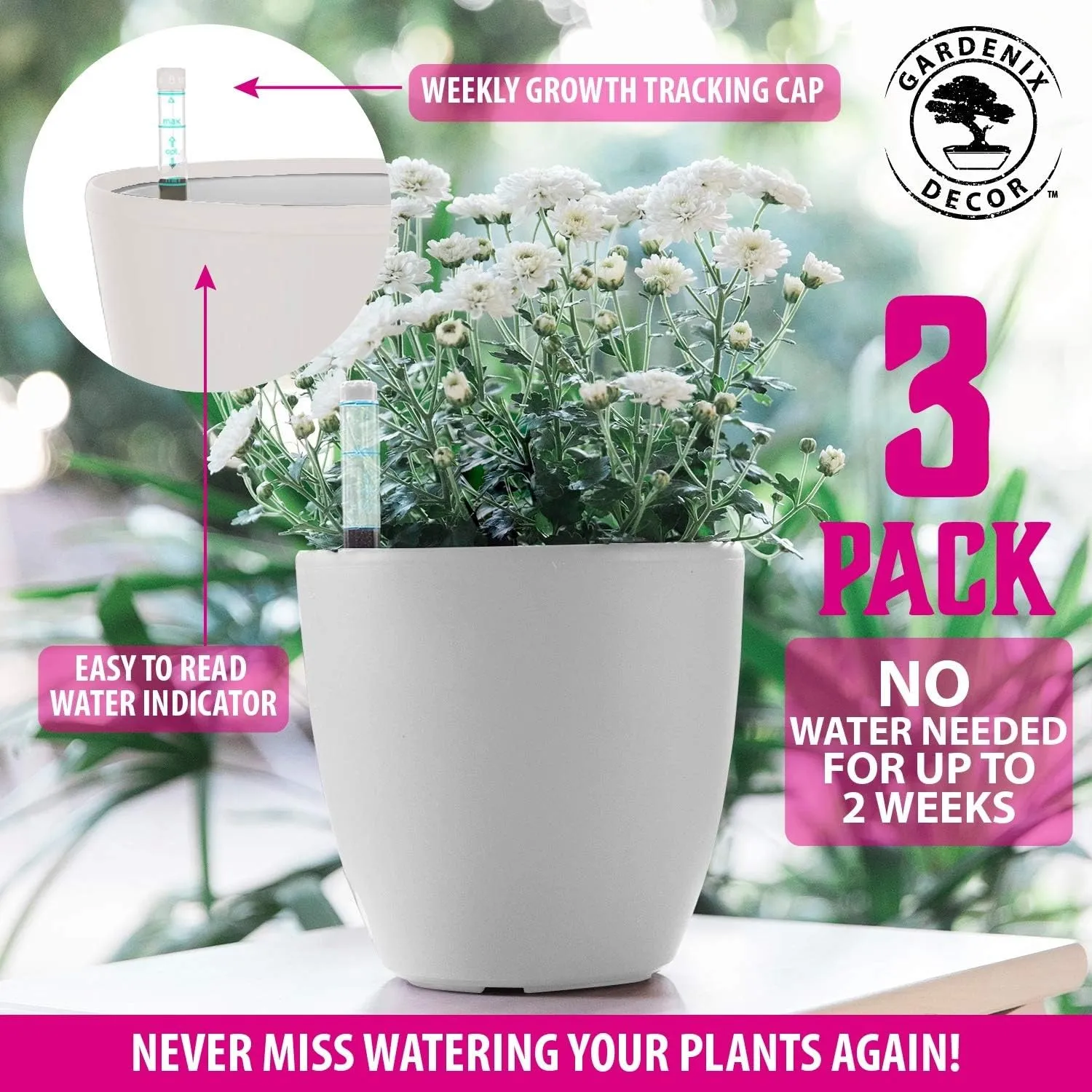 GARDENIX DECOR Self Watering Pots for Indoor Plants 3 Pack - Flower Pot with Water Level Indicator for Plants, Grow Tracking Tool - Self Watering Planter Plant Pot - Coco Coir - White