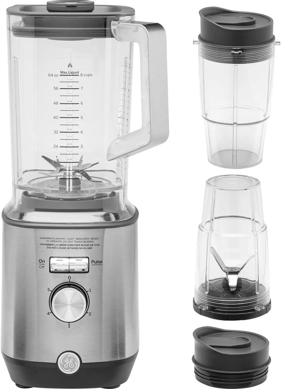 GE 5-Speed Blender   2 16 Oz Cups | Kitchen Blender for Shakes, Smoothies & More | 64 Oz Jar, 8-10 Servings | Stainless Steel Blades & Exterior | 1000 Watts