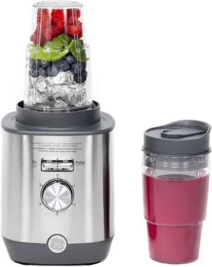 GE 5-Speed Blender   2 16 Oz Cups | Kitchen Blender for Shakes, Smoothies & More | 64 Oz Jar, 8-10 Servings | Stainless Steel Blades & Exterior | 1000 Watts