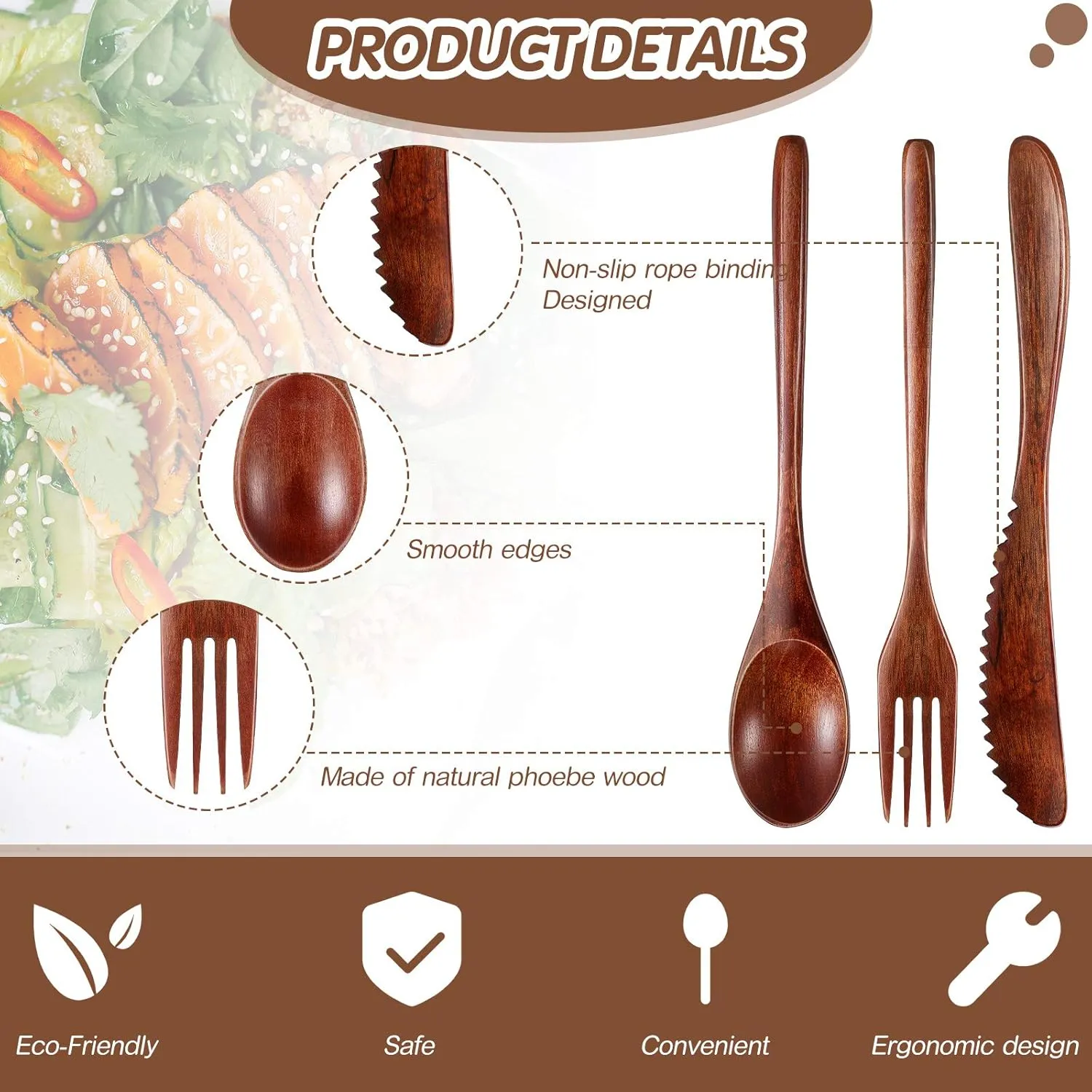 Geiserailie 24 Pcs Wooden Utensils for Eating Wooden Spoon Fork Knife Cutlery Set Kitchen Wood Dinner Flatware Tableware Set Includes Spoon, Fork, Knife (Phoebe Wood)
