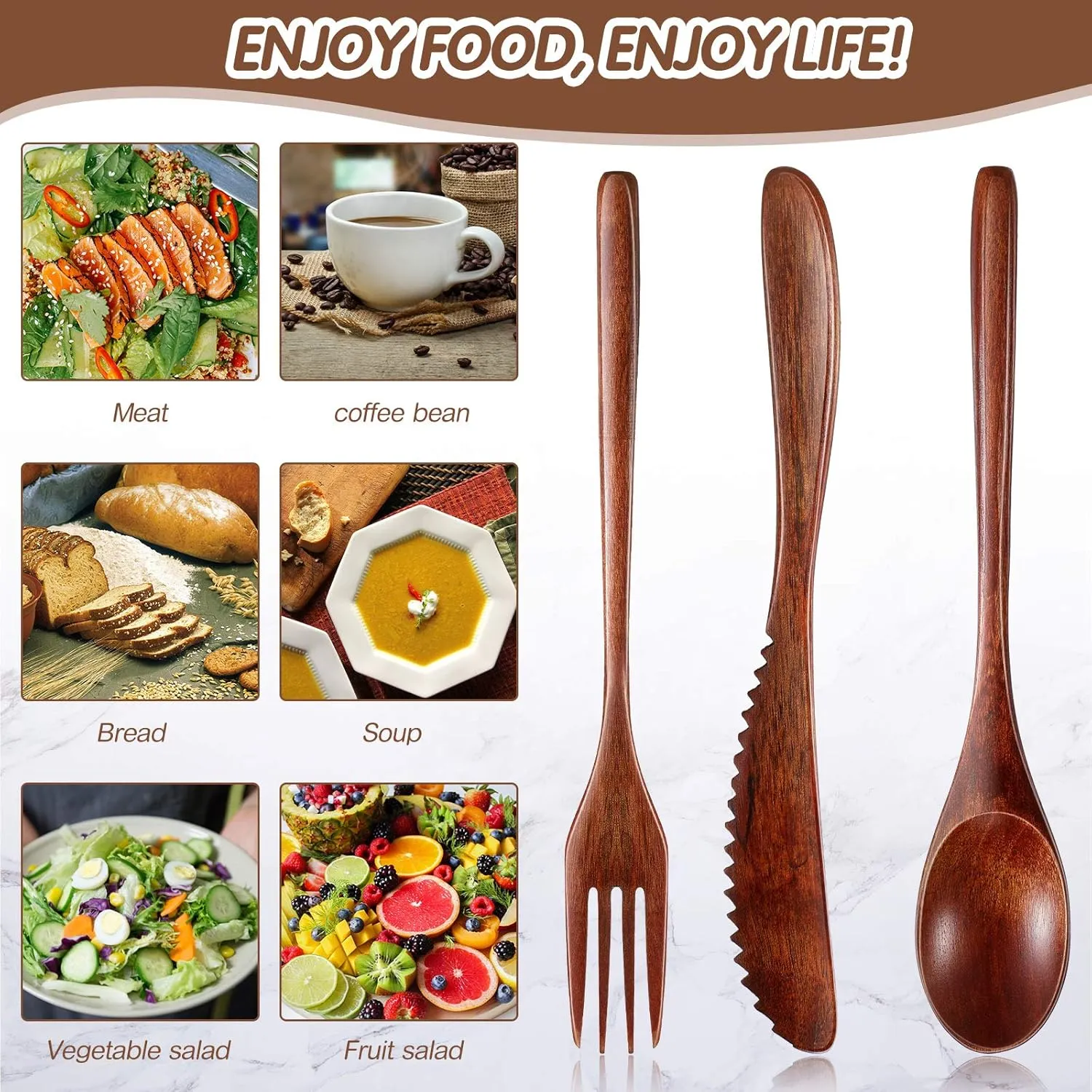 Geiserailie 24 Pcs Wooden Utensils for Eating Wooden Spoon Fork Knife Cutlery Set Kitchen Wood Dinner Flatware Tableware Set Includes Spoon, Fork, Knife (Phoebe Wood)
