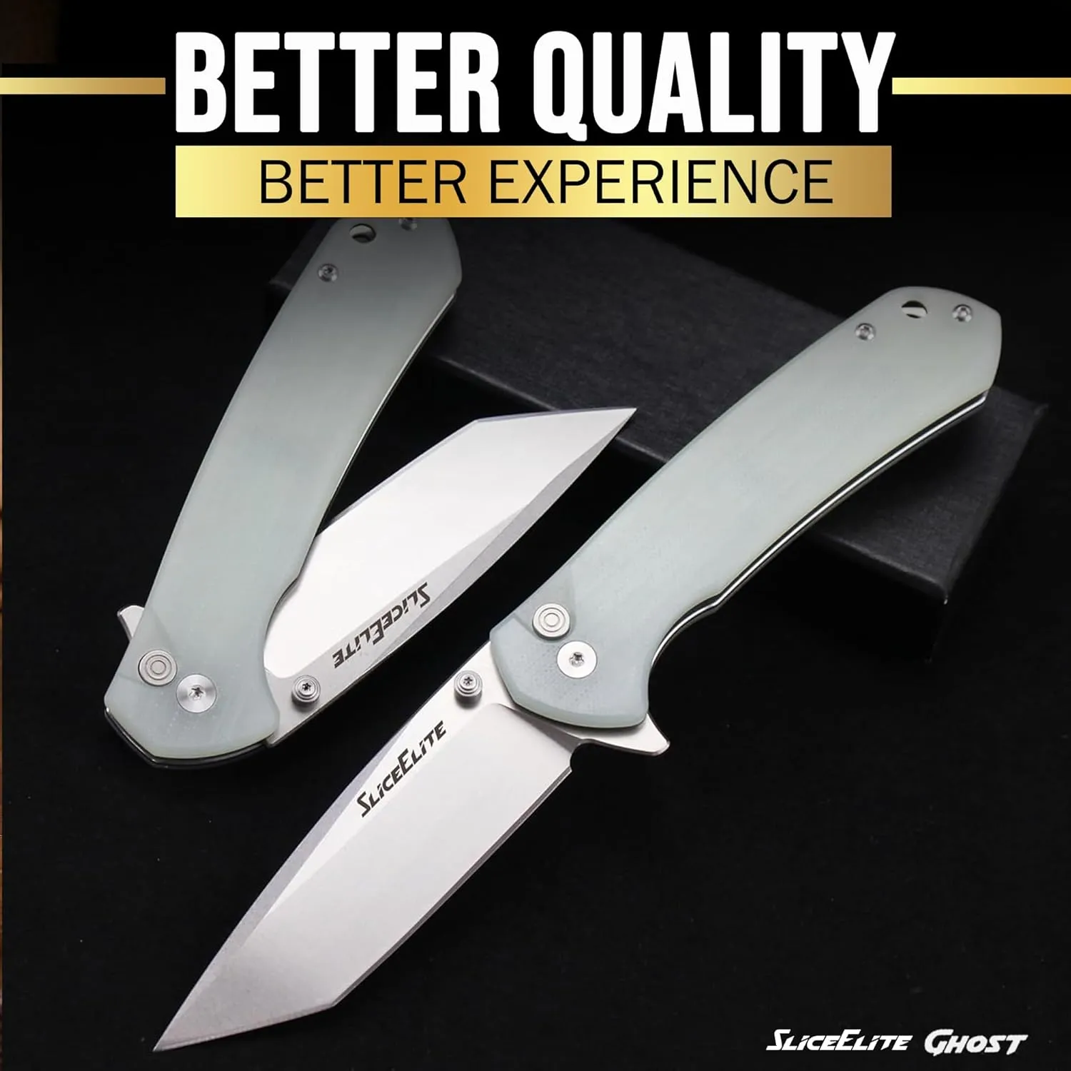 Ghost EDC Knife 3.4 Inch D2 Steel Tanto Blade Translucent Green G10 Handle Button Lock Stainless Steel Pocket Clip Lightweight Compact Everyday Carry Knife