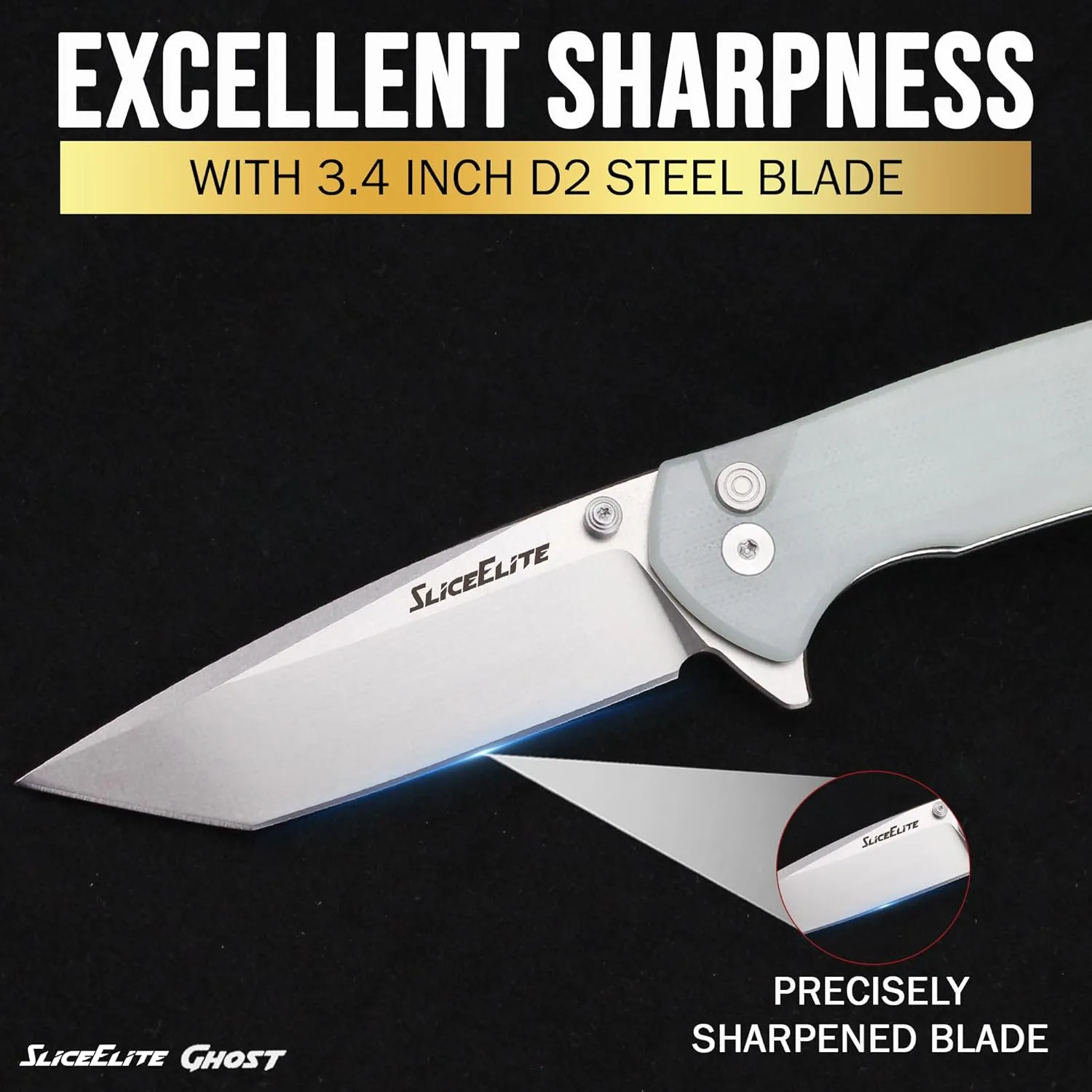 Ghost EDC Knife 3.4 Inch D2 Steel Tanto Blade Translucent Green G10 Handle Button Lock Stainless Steel Pocket Clip Lightweight Compact Everyday Carry Knife