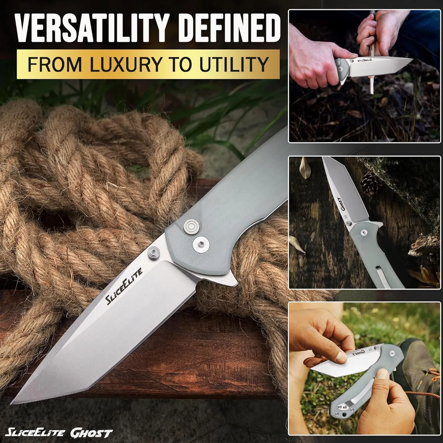 Ghost EDC Knife 3.4 Inch D2 Steel Tanto Blade Translucent Green G10 Handle Button Lock Stainless Steel Pocket Clip Lightweight Compact Everyday Carry Knife