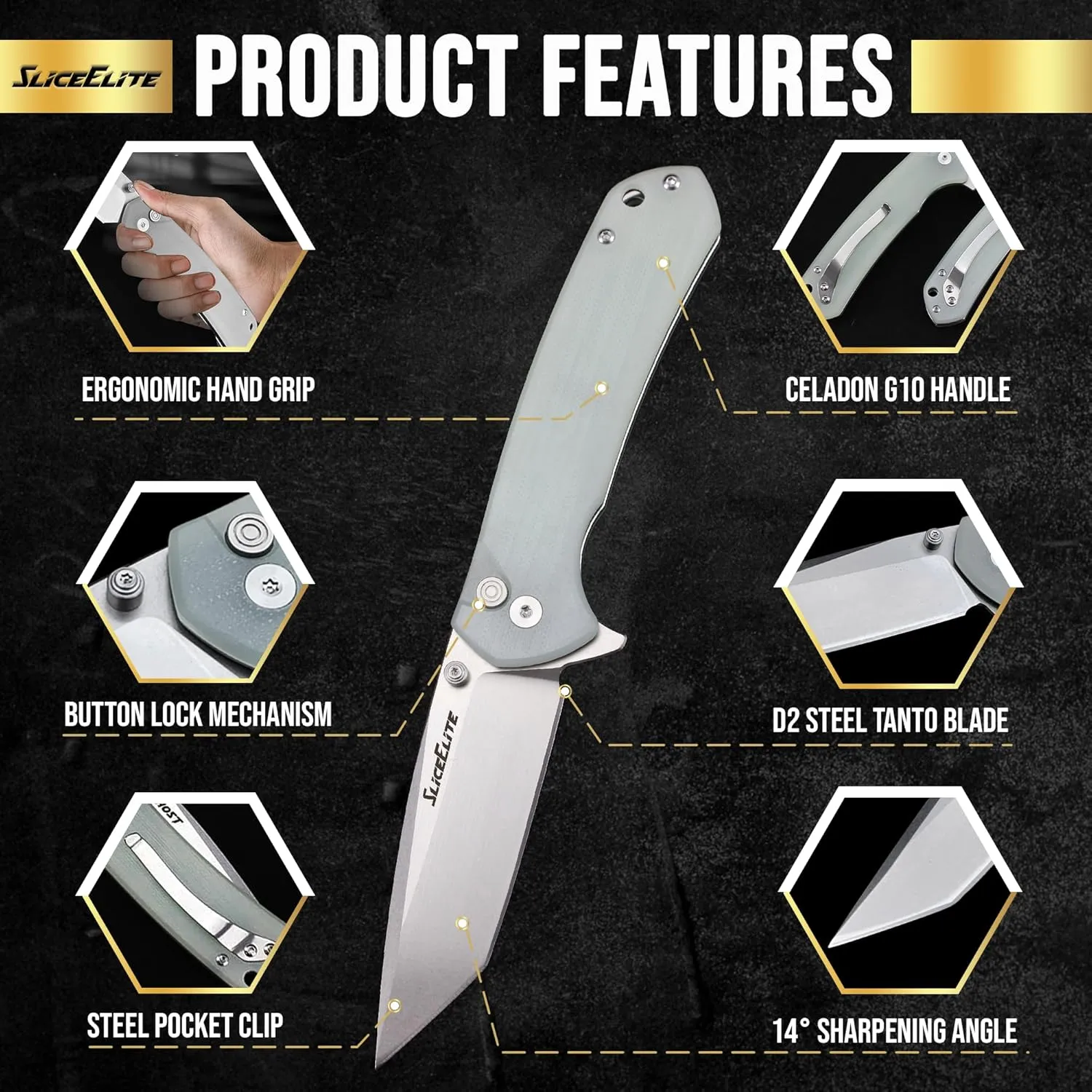 Ghost EDC Knife 3.4 Inch D2 Steel Tanto Blade Translucent Green G10 Handle Button Lock Stainless Steel Pocket Clip Lightweight Compact Everyday Carry Knife