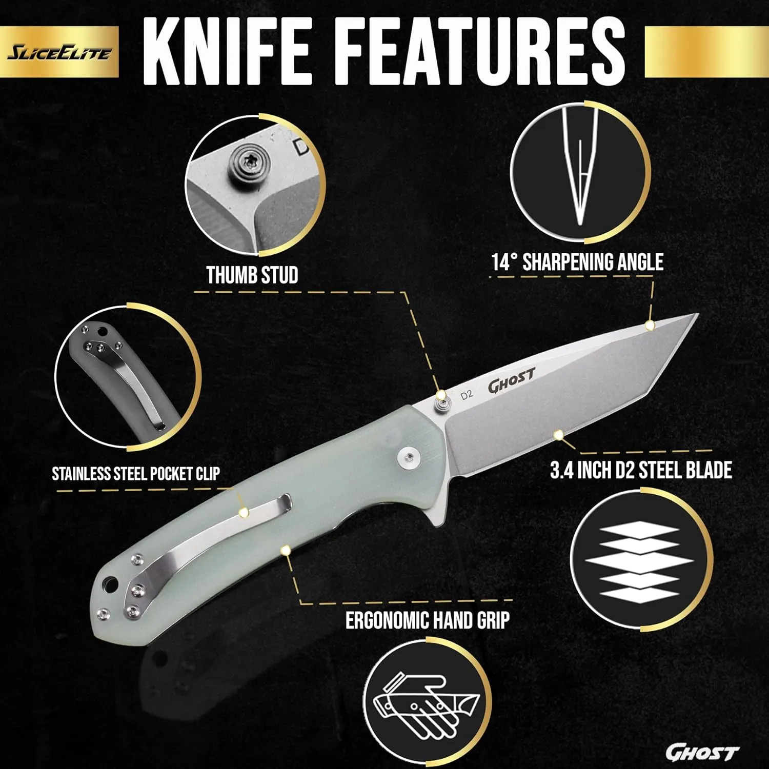 Ghost EDC Knife 3.4 Inch D2 Steel Tanto Blade Translucent Green G10 Handle Button Lock Stainless Steel Pocket Clip Lightweight Compact Everyday Carry Knife