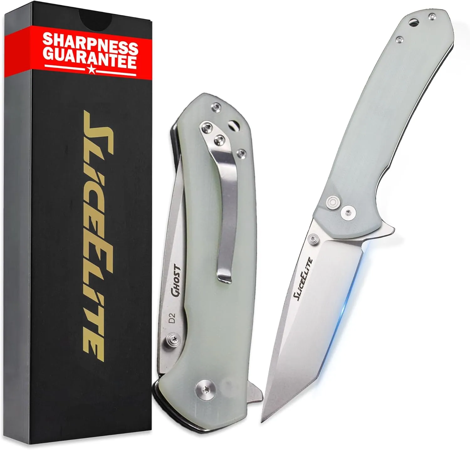Ghost EDC Knife 3.4 Inch D2 Steel Tanto Blade Translucent Green G10 Handle Button Lock Stainless Steel Pocket Clip Lightweight Compact Everyday Carry Knife