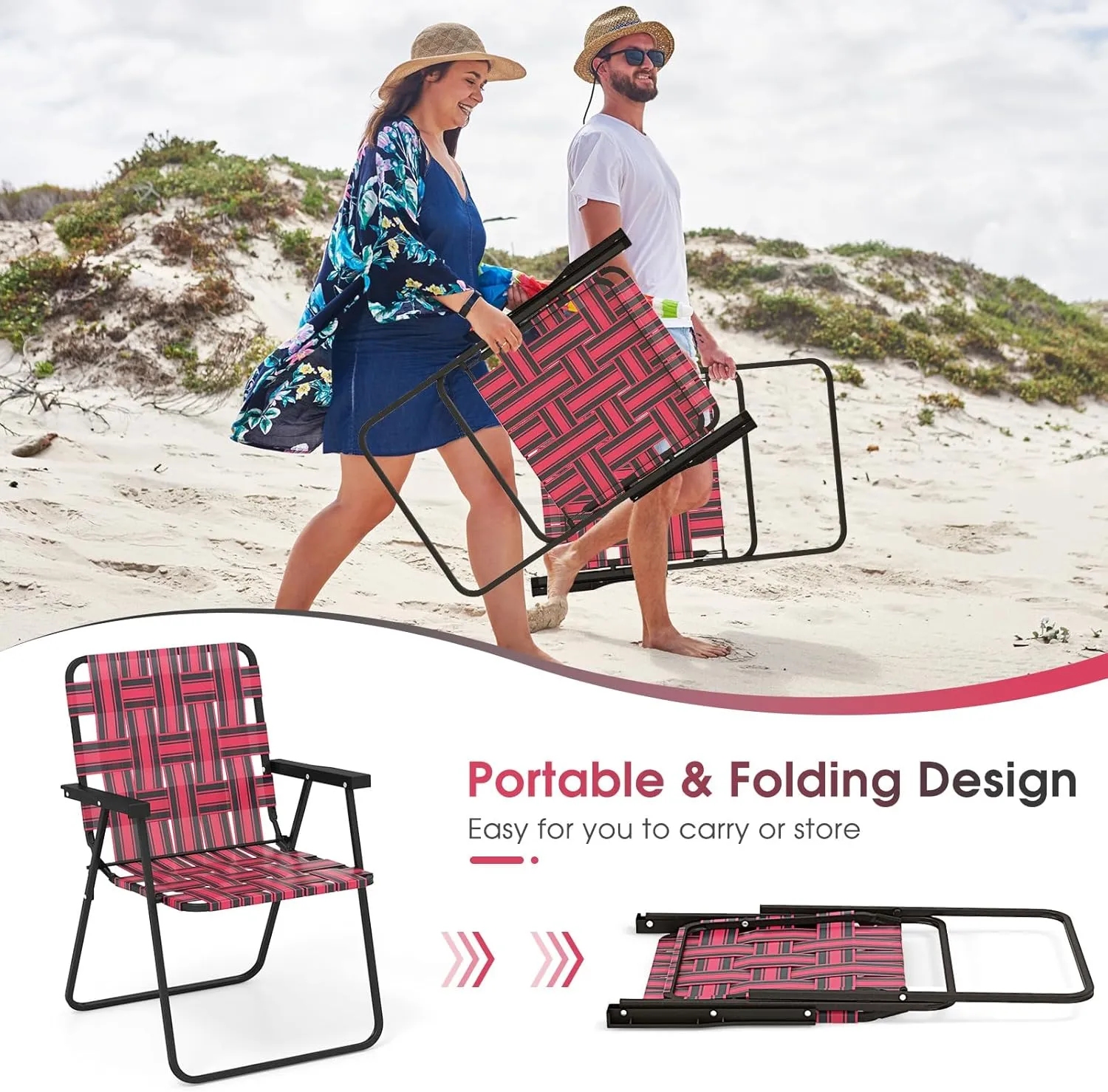 Giantex 4-Pack Beach Chairs for Adults, Camping Chair with Steel Frame, Webbing Design, Lightweight Folding Directors Chair for Outdoor, Patio, Fishing, Yard, Poolside Lawn (Red)