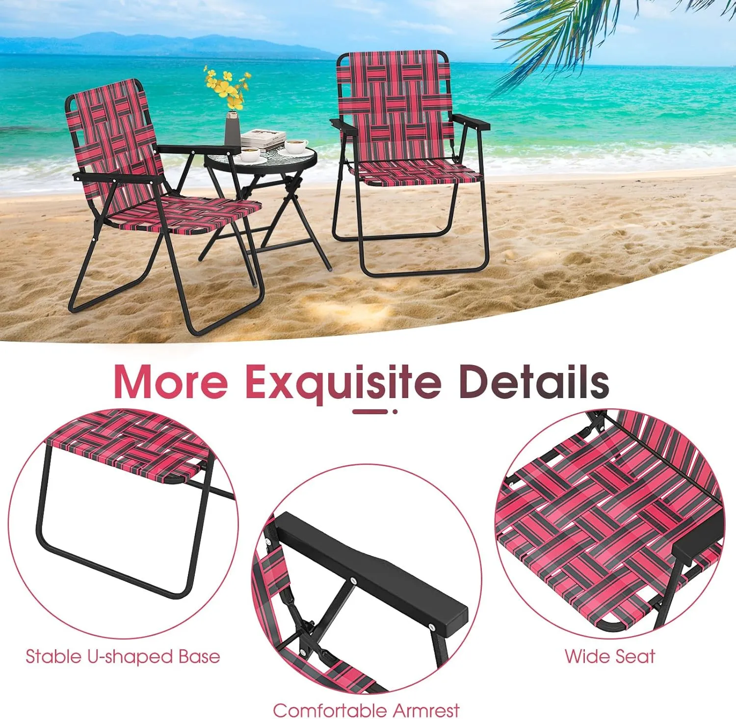 Giantex 4-Pack Beach Chairs for Adults, Camping Chair with Steel Frame, Webbing Design, Lightweight Folding Directors Chair for Outdoor, Patio, Fishing, Yard, Poolside Lawn (Red)