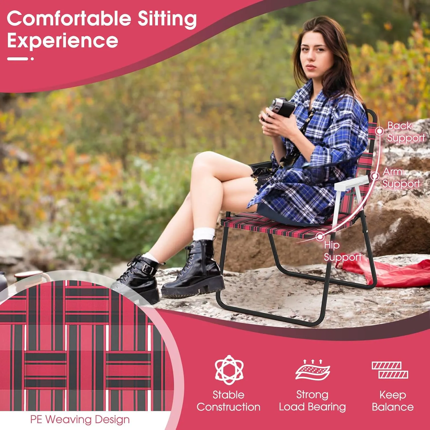 Giantex 4-Pack Beach Chairs for Adults, Camping Chair with Steel Frame, Webbing Design, Lightweight Folding Directors Chair for Outdoor, Patio, Fishing, Yard, Poolside Lawn (Red)