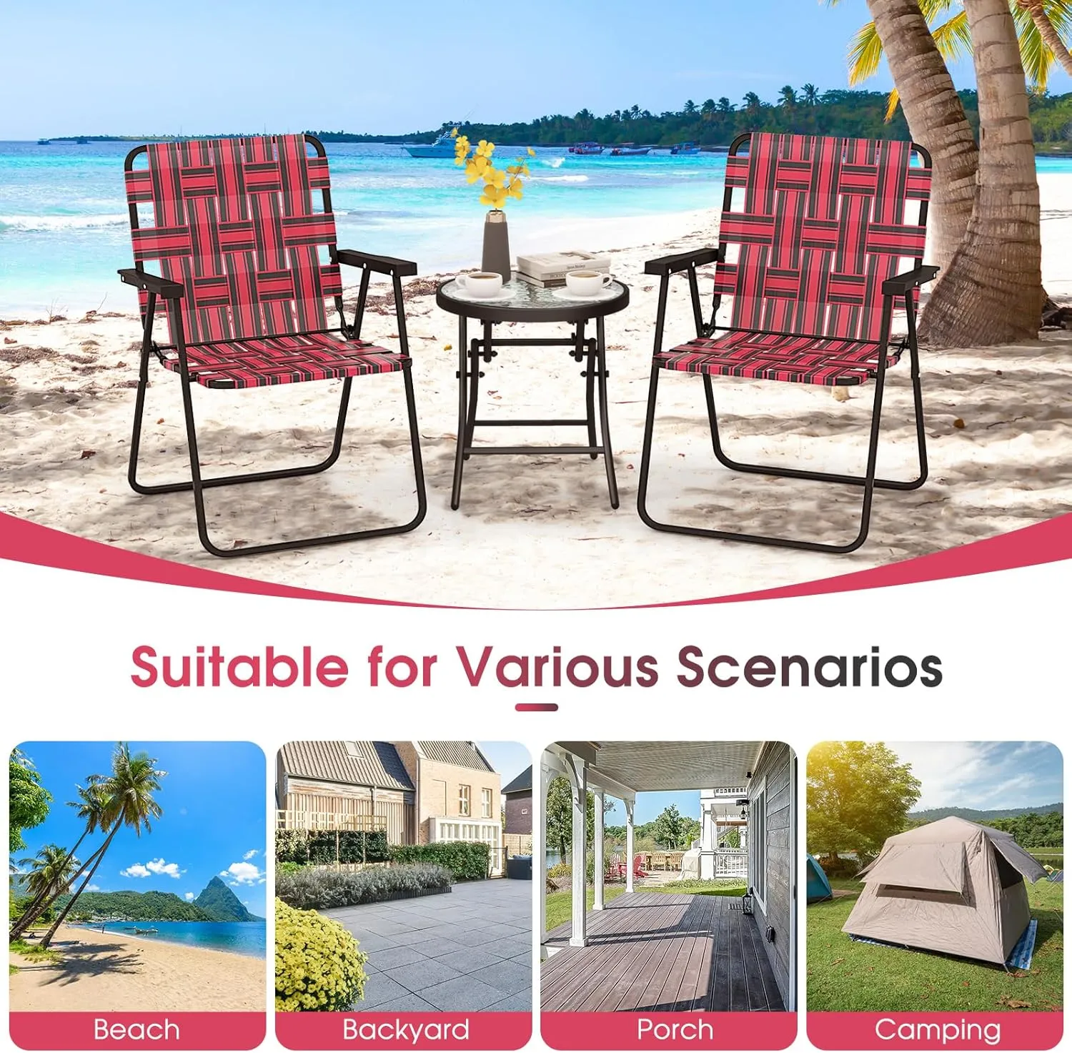Giantex 4-Pack Beach Chairs for Adults, Camping Chair with Steel Frame, Webbing Design, Lightweight Folding Directors Chair for Outdoor, Patio, Fishing, Yard, Poolside Lawn (Red)