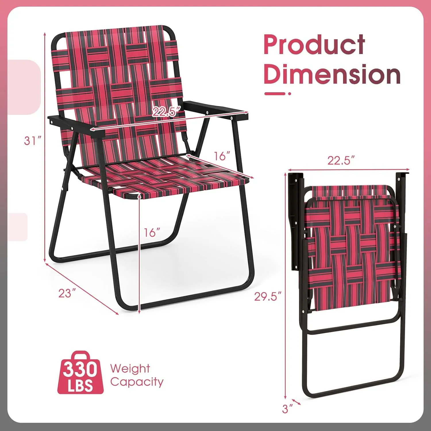 Giantex 4-Pack Beach Chairs for Adults, Camping Chair with Steel Frame, Webbing Design, Lightweight Folding Directors Chair for Outdoor, Patio, Fishing, Yard, Poolside Lawn (Red)