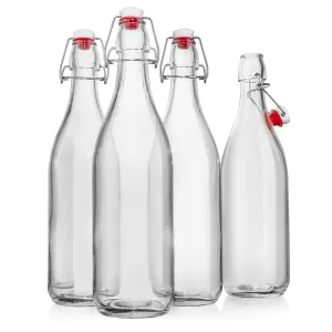 Giara Glass Bottle with Stopper Caps, Set of 4-33.75 Oz Carafe Swing Top Glass Bottles for Beverages, Oils, Kombucha, Kefir, Vinegar, Leak Proof Caps & Airtight Lids