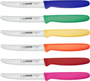 Giesser since 1776, Made in Germany, Colorful serrated Utility kitchen knives round tip dishwasher safe 4.5 inch - paring knife, Tomato knife, Steak knives set of 6, restaurant knife