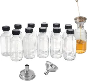 Glass Bottles with Lids,12X Travel Size Ginger Shot Jars | 2 oz/60 ml Small Clear Take out Containers with 3 Stainless Steel Funnels for Oils, Potion