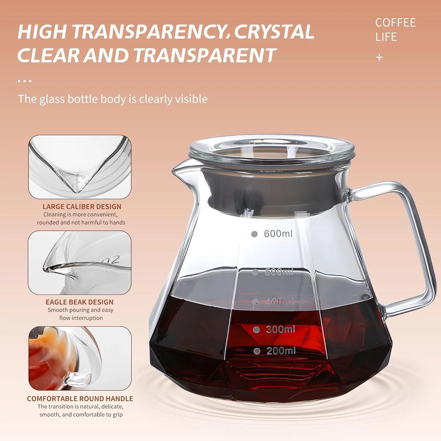 Glass Coffee Server for Drip Coffee Maker, Standard Glass Coffee Carafe, Coffee Pot with Lid, Clear, 02 600ml(20oz)