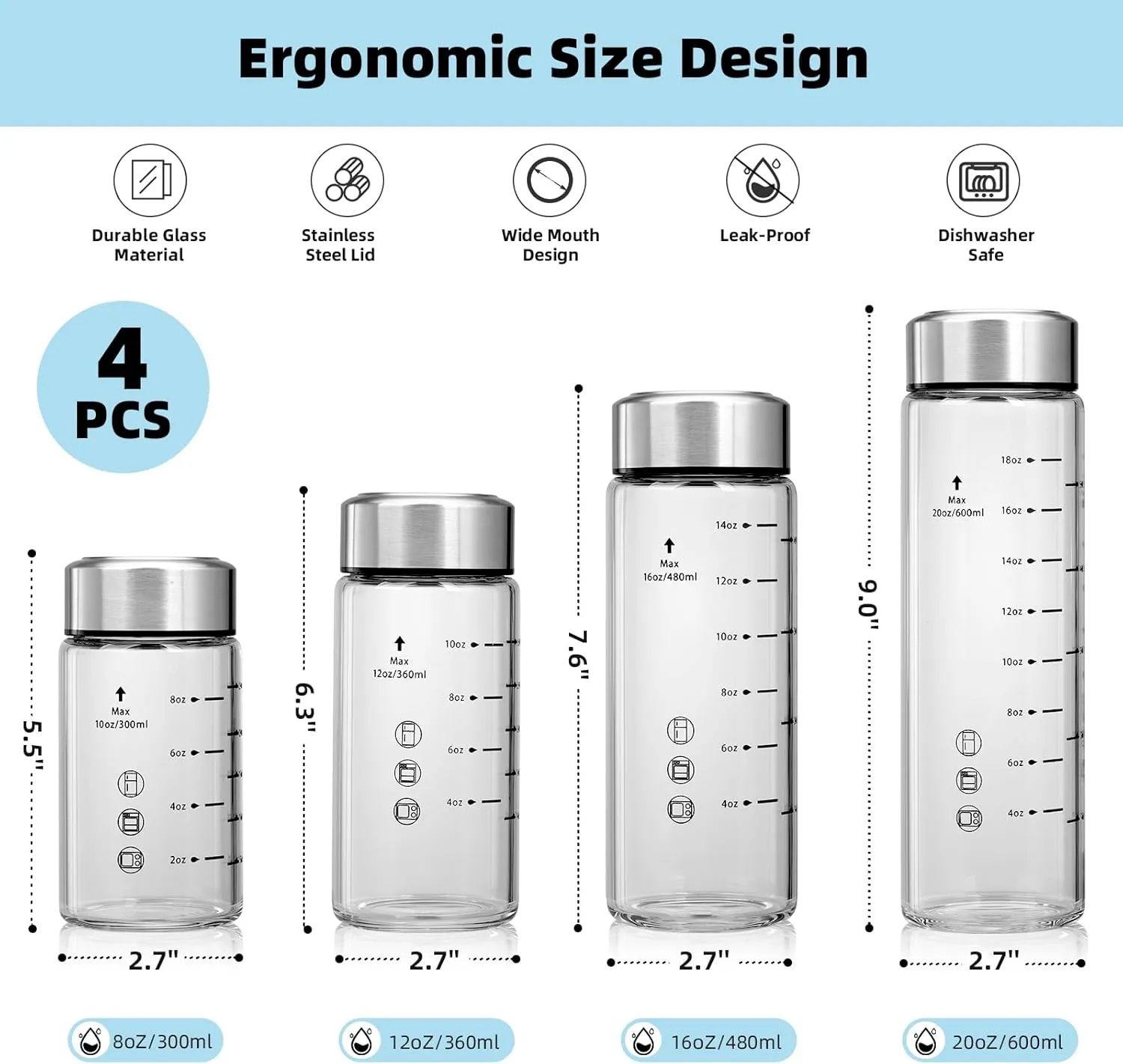 Glass Juice Bottles 4 Pack 16 oz - Wide Mouth Glass Water Bottles with Lids - Borosilicate,Stainless Steel Lids for Juicing, Smoothies, Infused Water, Beverage Storage, Leakproof, Reusable, BPA Free