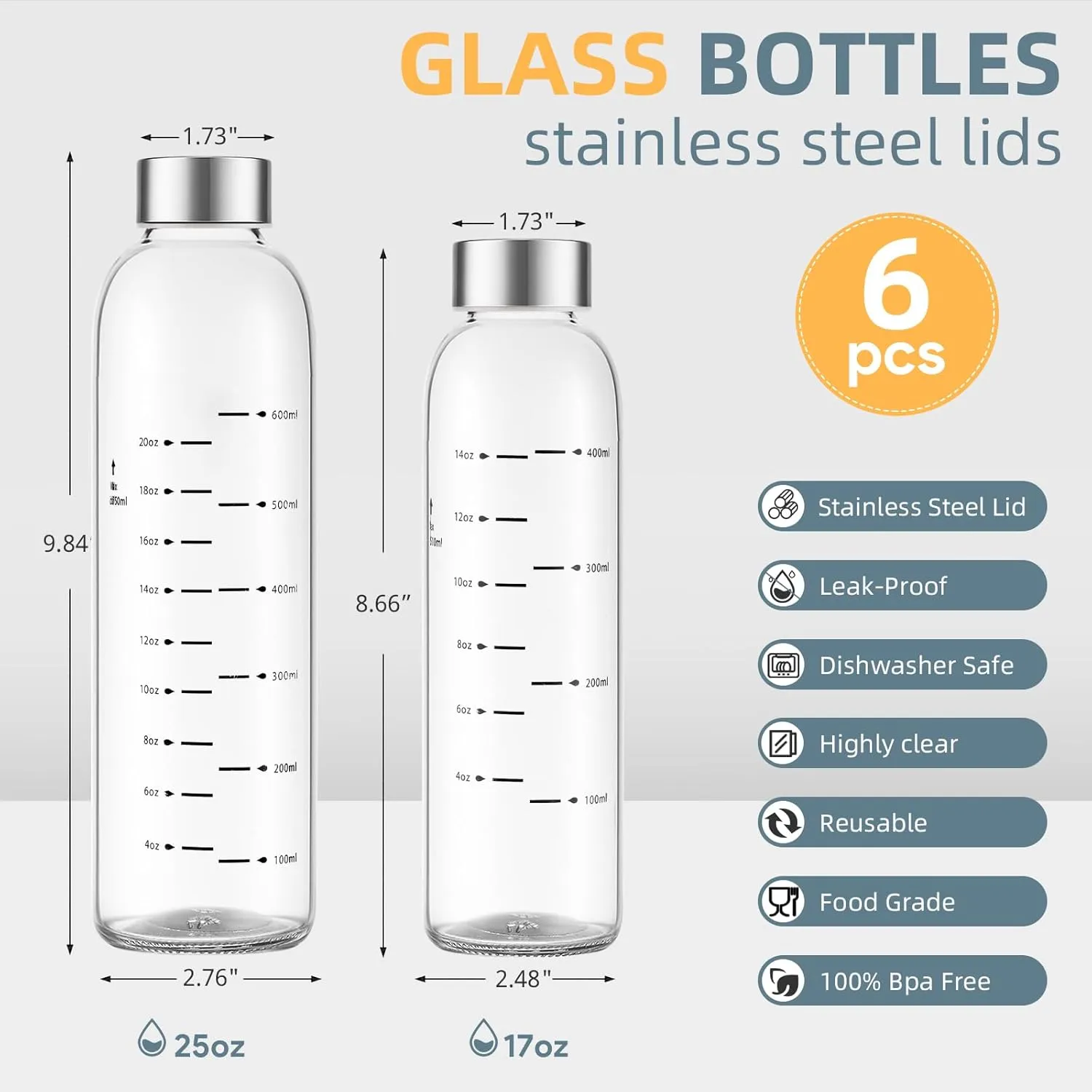 Glass Water Bottles with Lids 17 oz, Clear Juice Bottles With Stainless Steel Cap, Reusable Glass Drinking Bottle for Juicing, Refrigerator,100% Leak Proof, BPA Free