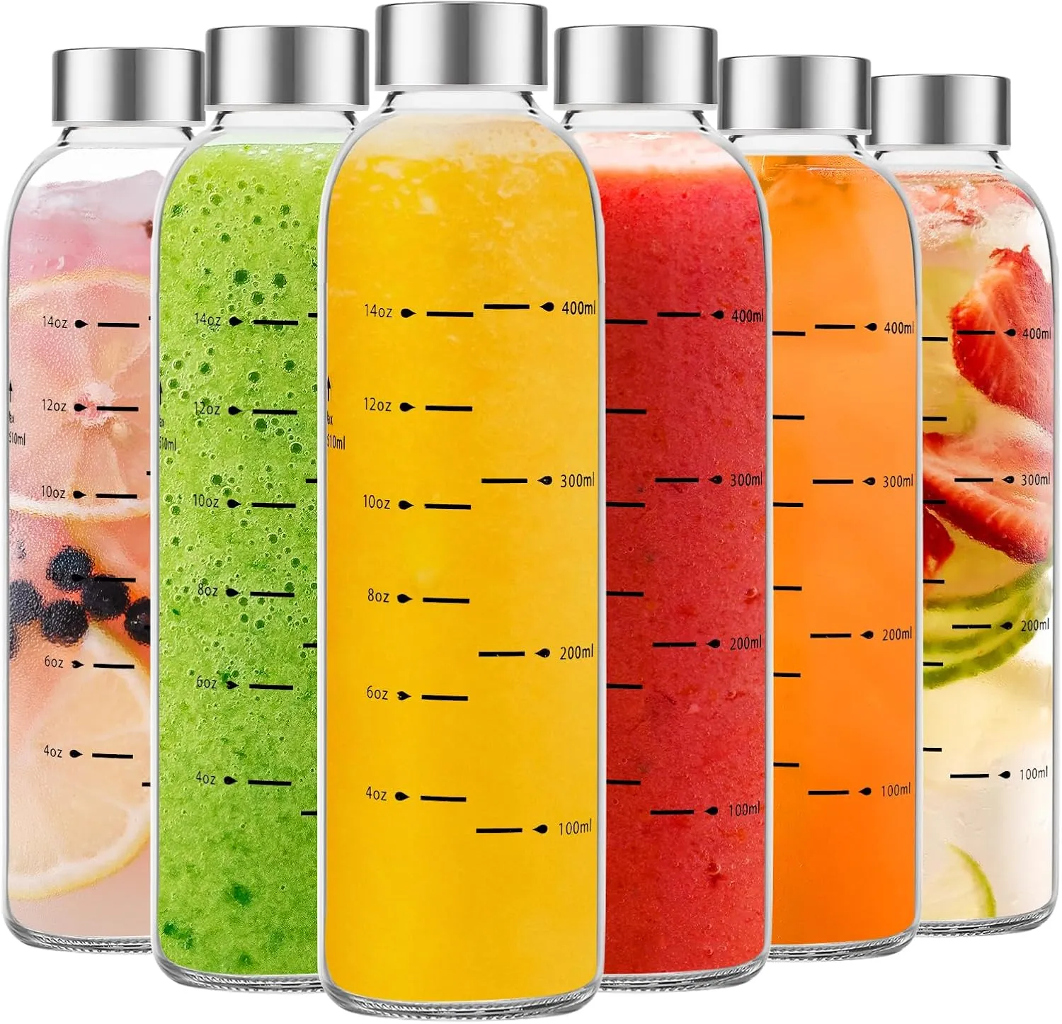 Glass Water Bottles with Lids 17 oz, Clear Juice Bottles With Stainless Steel Cap, Reusable Glass Drinking Bottle for Juicing, Refrigerator,100% Leak Proof, BPA Free